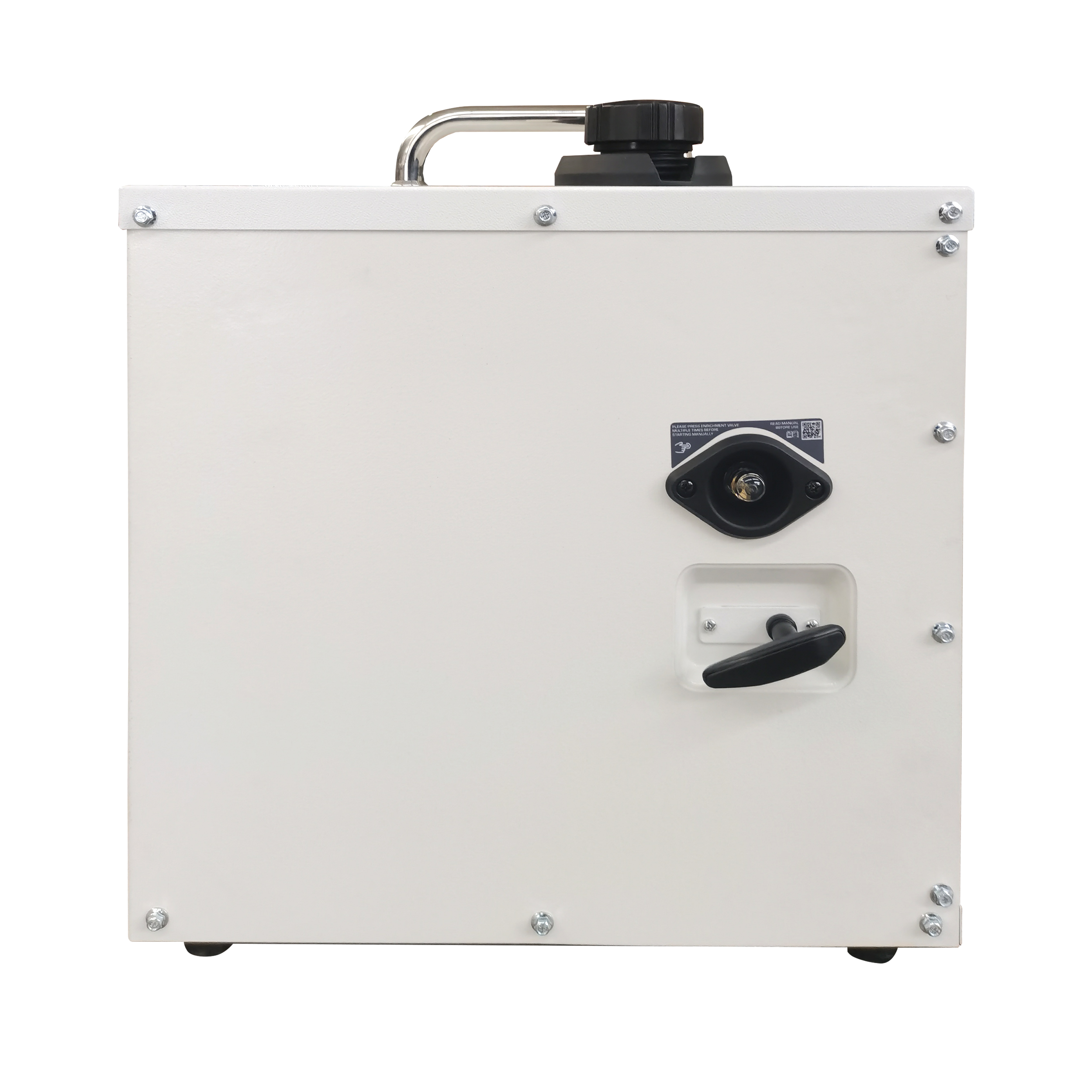 Biały panel maszyny z czarnym uchwytem, tarczą i etykietami. Srebrne śruby mocują panel. Zakrzywiona metalowa rura znajduje się na górze.