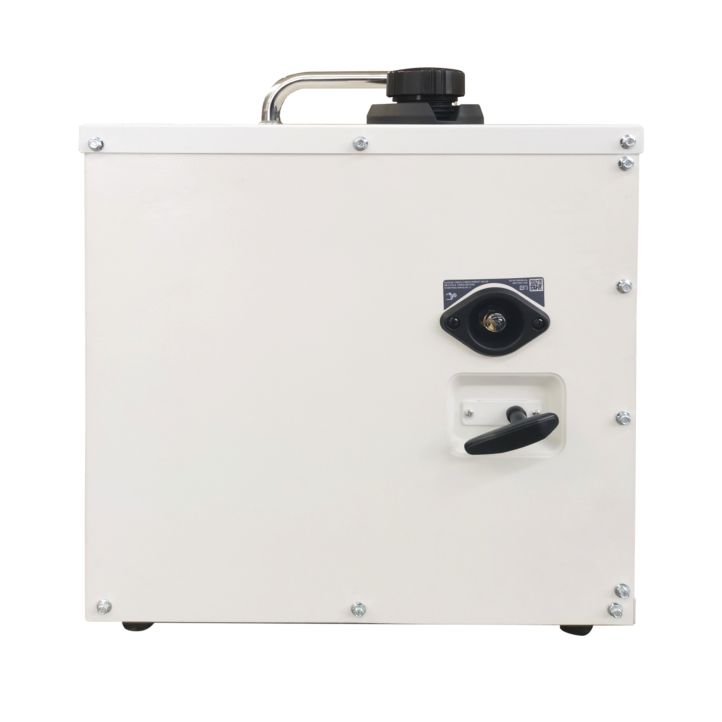 Przód białej maszyny z czarnym uchwytem, okrągłą czarną tarczą i śrubami.