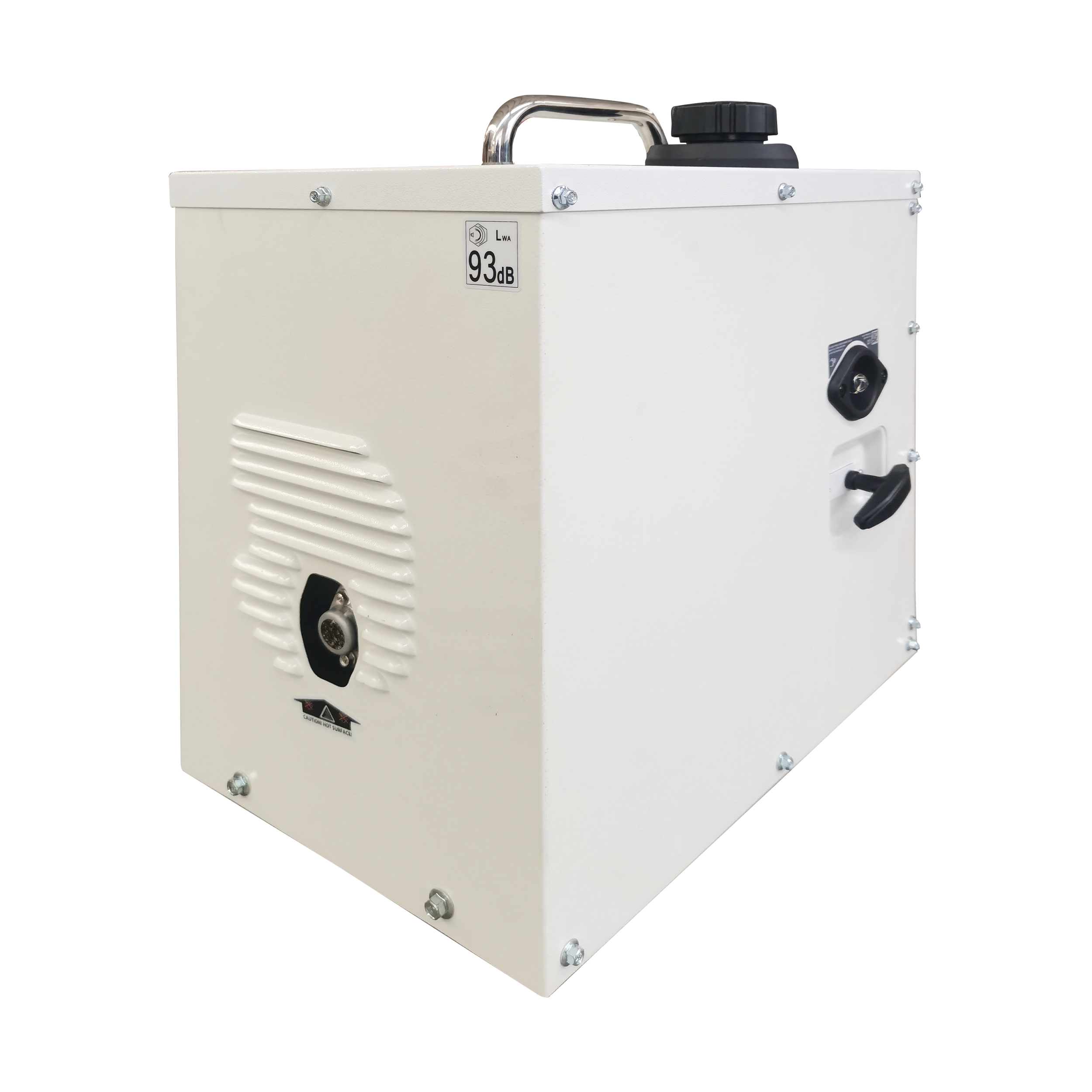 Beżowa prostokątna maszyna z uchwytem, odpowietrznikiem i elementami sterującymi. Ma etykietę 93dB i śruby.