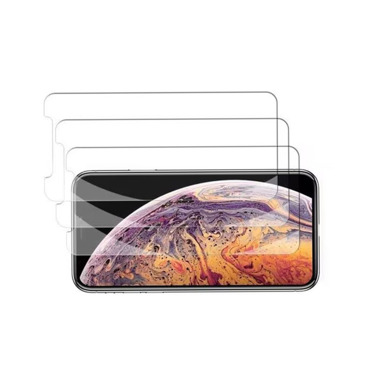 Uno smartphone con uno sfondo colorato ha tre protezioni per lo schermo sopra. Lo sfondo è bianco.
