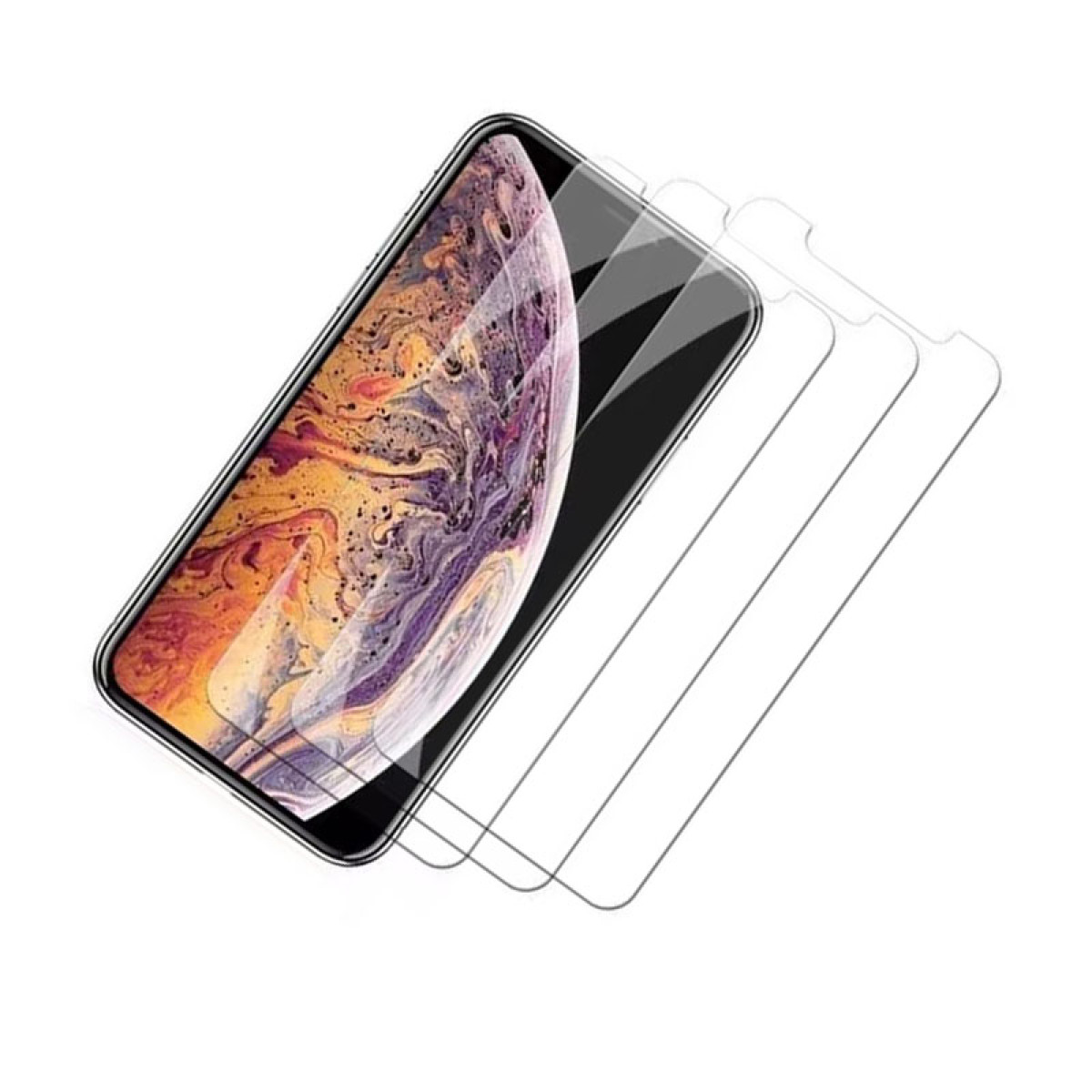 Un iPhone X con protezioni schermo. Lo schermo mostra arte astratta colorata. Le protezioni sono trasparenti e impilate.