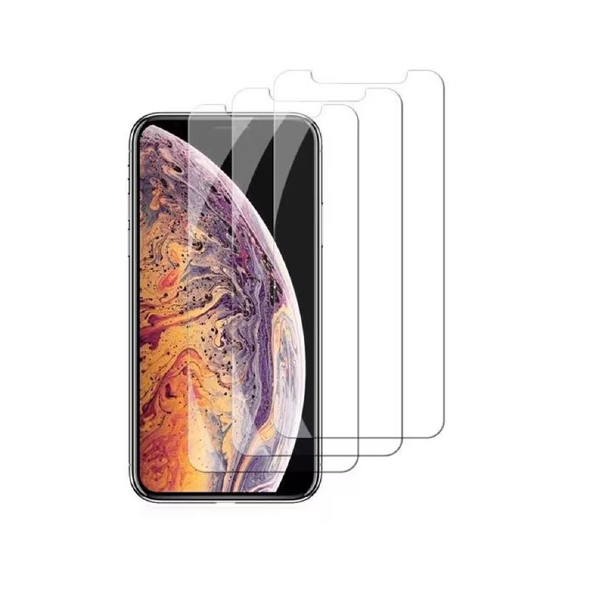 Un iPhone con protezioni per lo schermo. Il telefono mostra un'immagine colorata. Tre protezioni per lo schermo sono posizionate accanto al telefono.