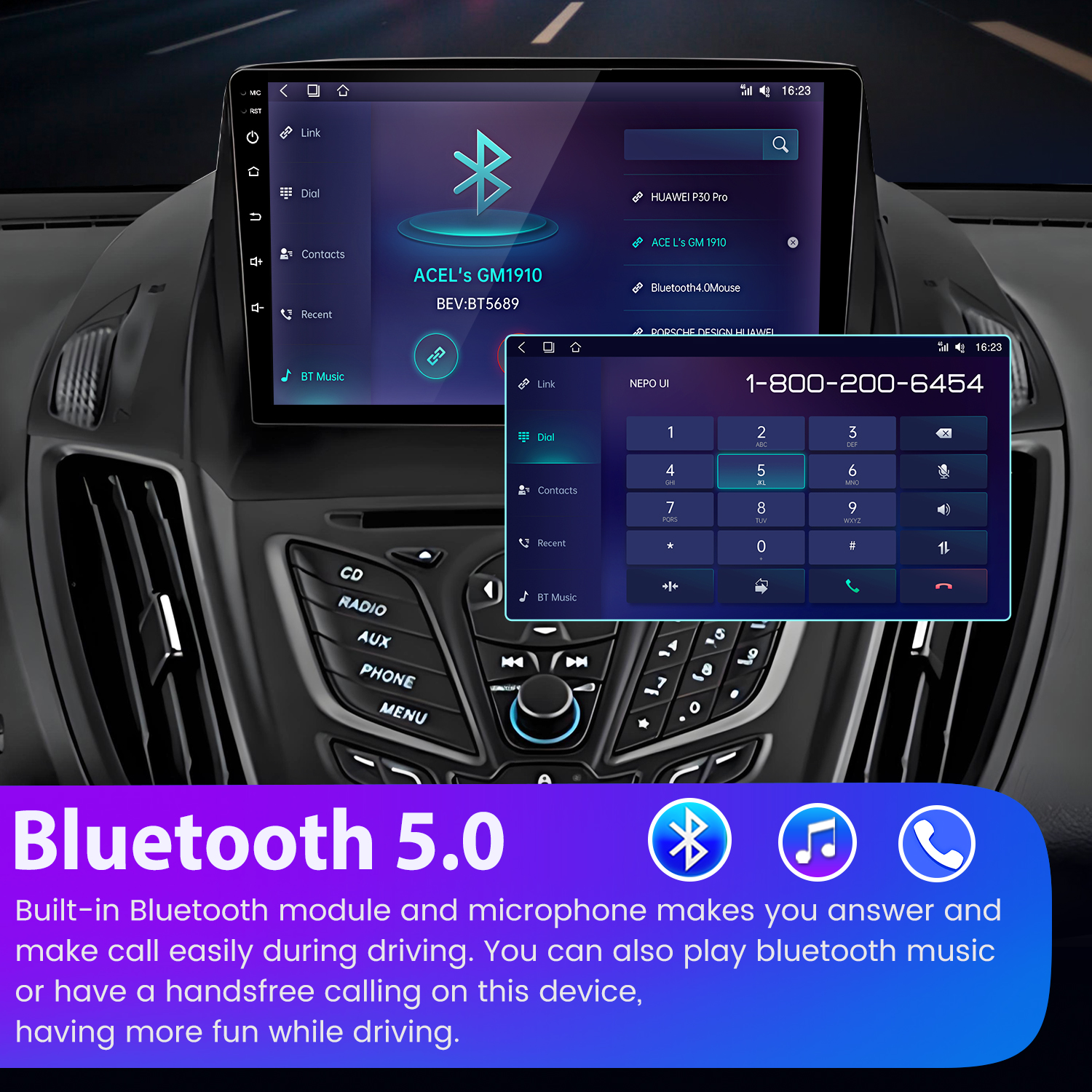 Radio samochodowe z Bluetooth 5.0. Wyświetla wybierak telefoniczny i listę urządzeń Bluetooth. Zawiera ikony muzyki i połączeń.