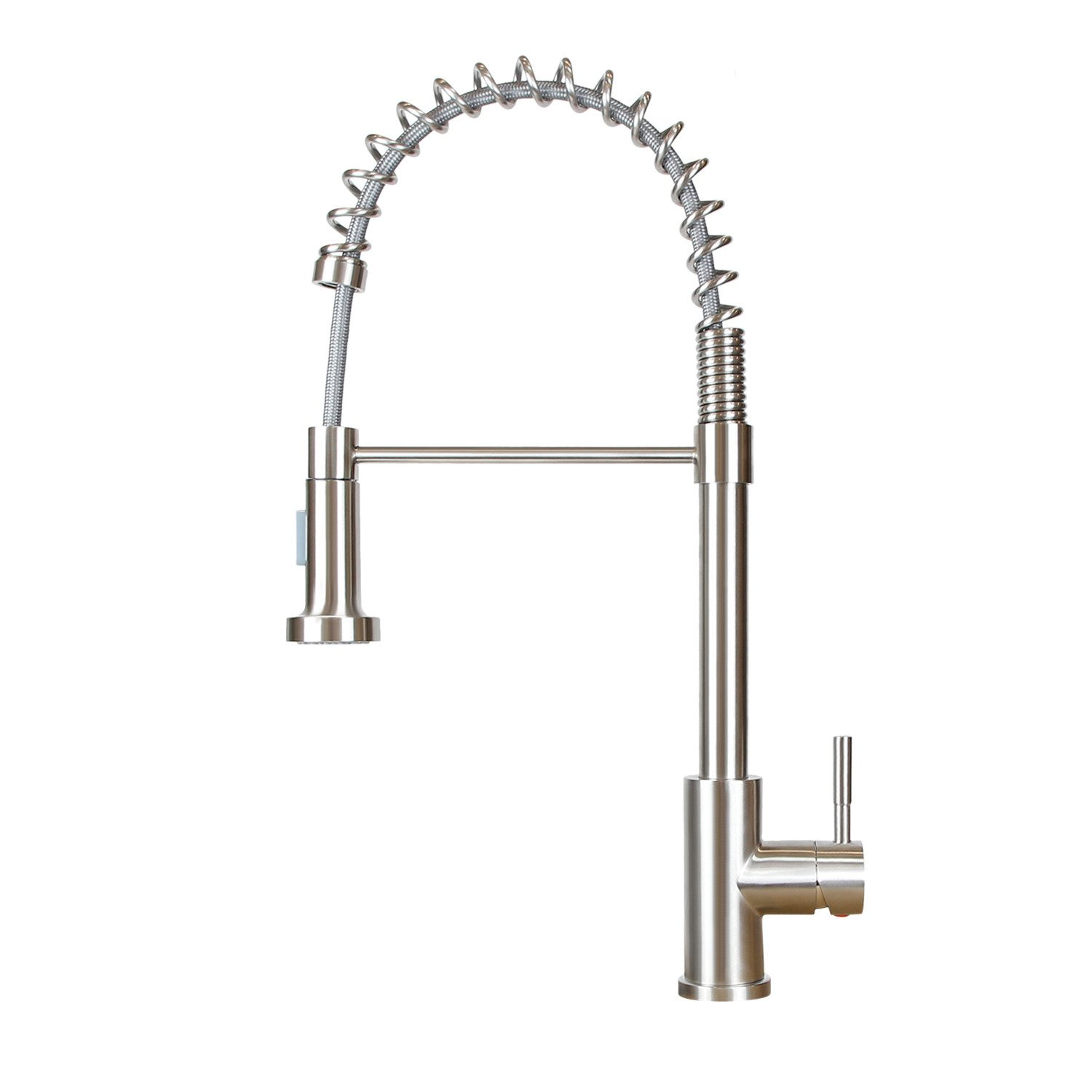 Stalowa bateria kuchenna ze sprężynowym wężem i dźwignią, odizolowana na białym tle.