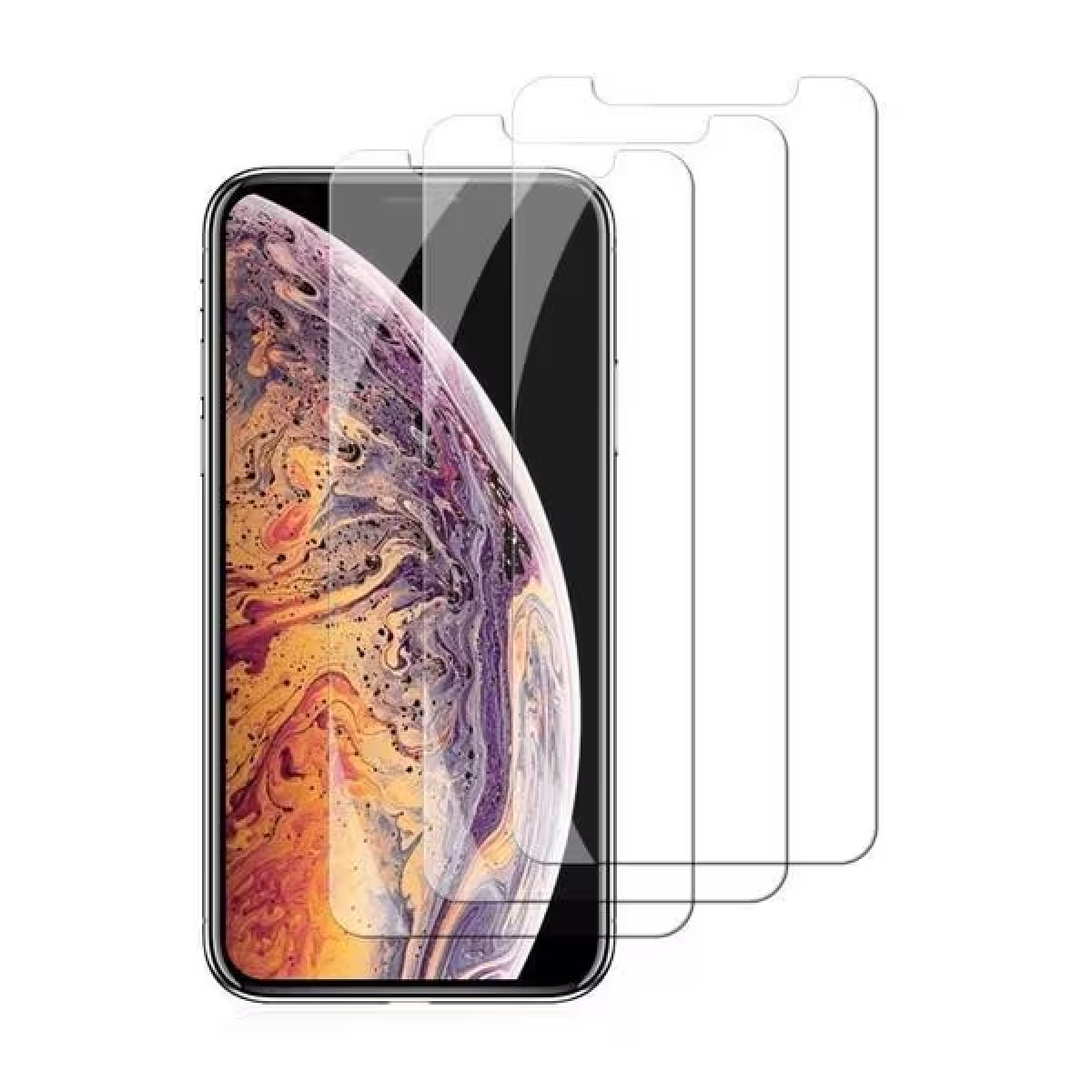 Uno smartphone con tre protezioni schermo. Lo schermo del telefono mostra un motivo astratto e colorato. Le protezioni sono trasparenti.