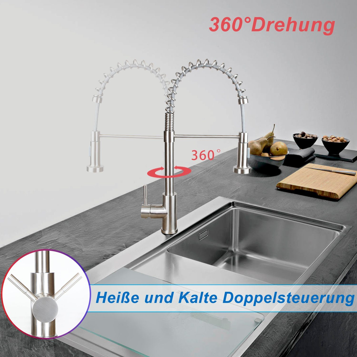Bateria kuchenna ze stali nierdzewnej z obrotem 360 stopni, zlewozmywak i owoce na blacie. Tekst: Podwójna kontrola ciepłej i zimnej wody.