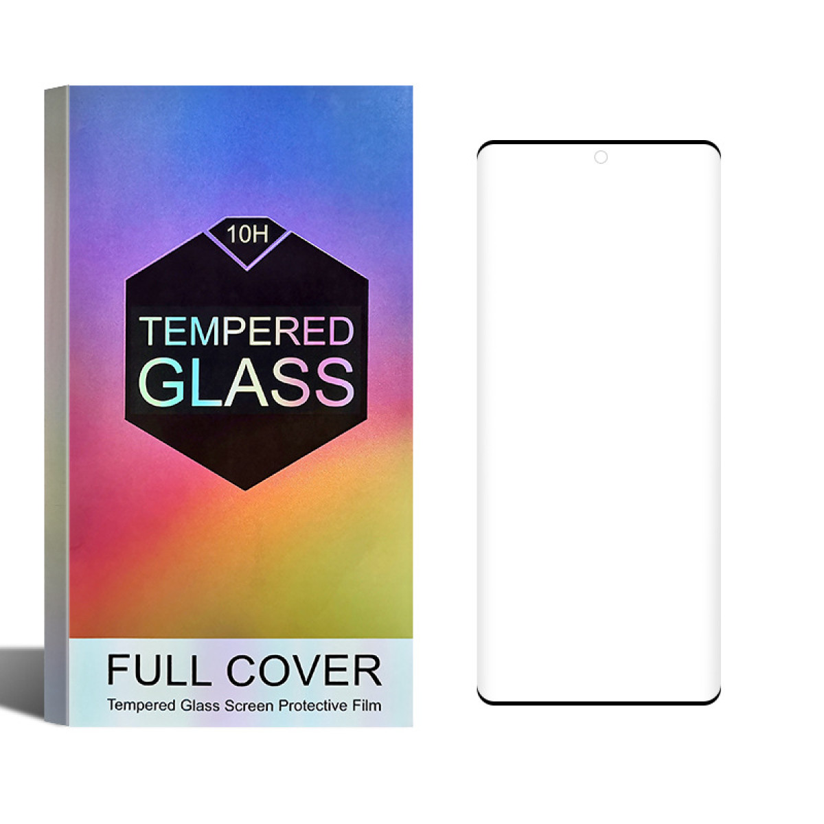 Opakowanie ochronne ekranu ze szkła hartowanego obok ekranu telefonu. Opakowanie zawiera napis TEMPERED GLASS. Ekran telefonu jest biały.