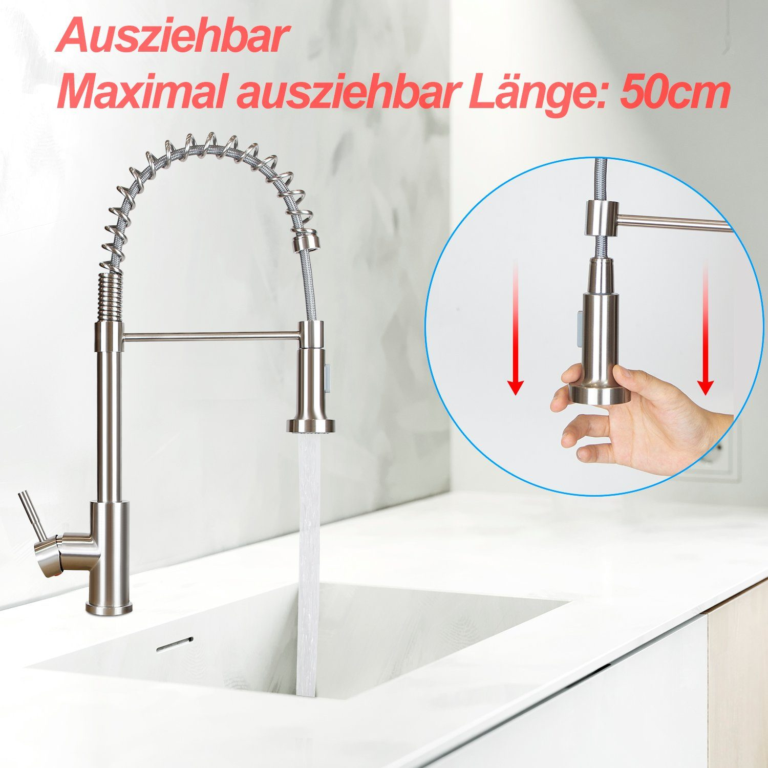 Stalowa bateria kuchenna ze stali nierdzewnej z funkcją wyciągania. Woda płynie do białego zlewu. Ręka pokazuje przedłużenie.