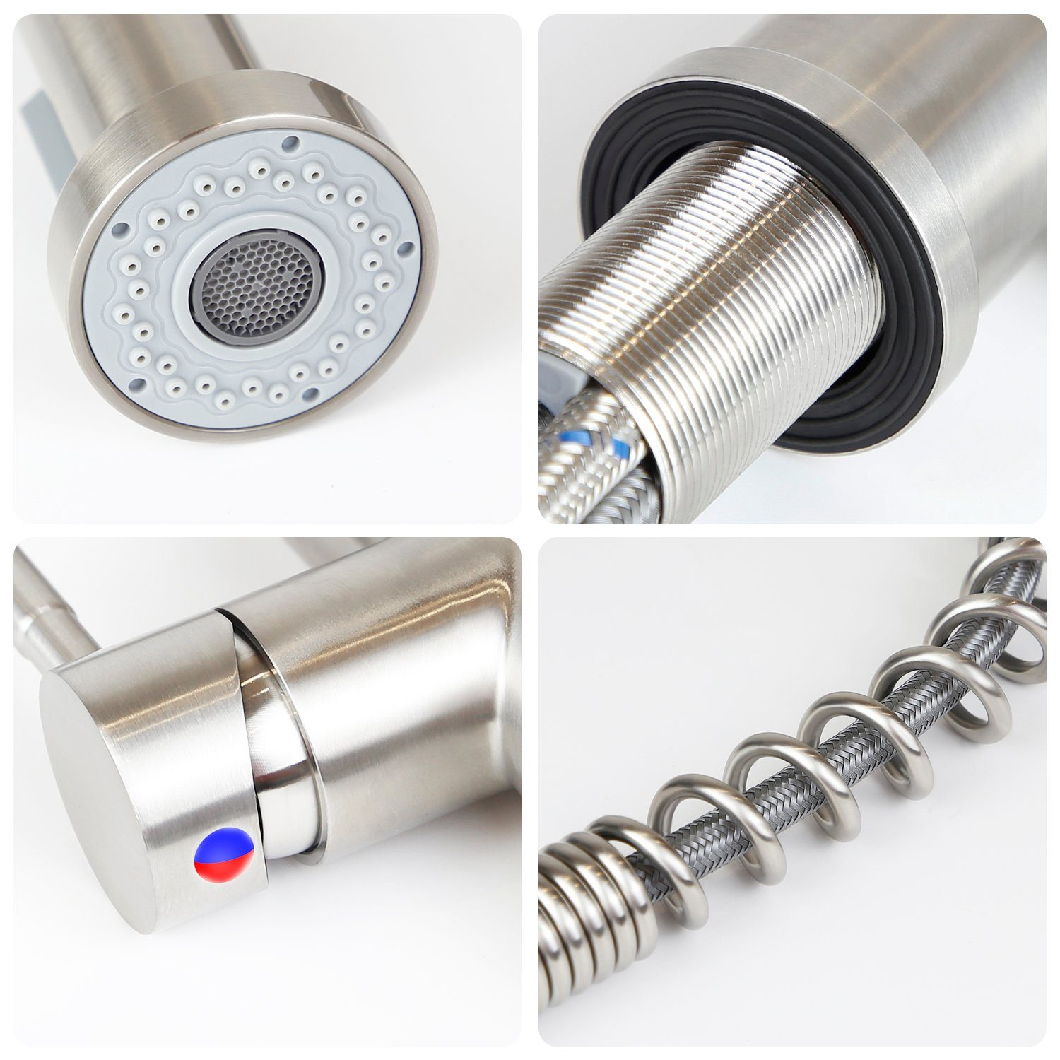 Cztery zbliżenia ze stali nierdzewnej kran kuchenny. Części obejmują głowicę natryskową, przewody wodne, uchwyt i cewkę.