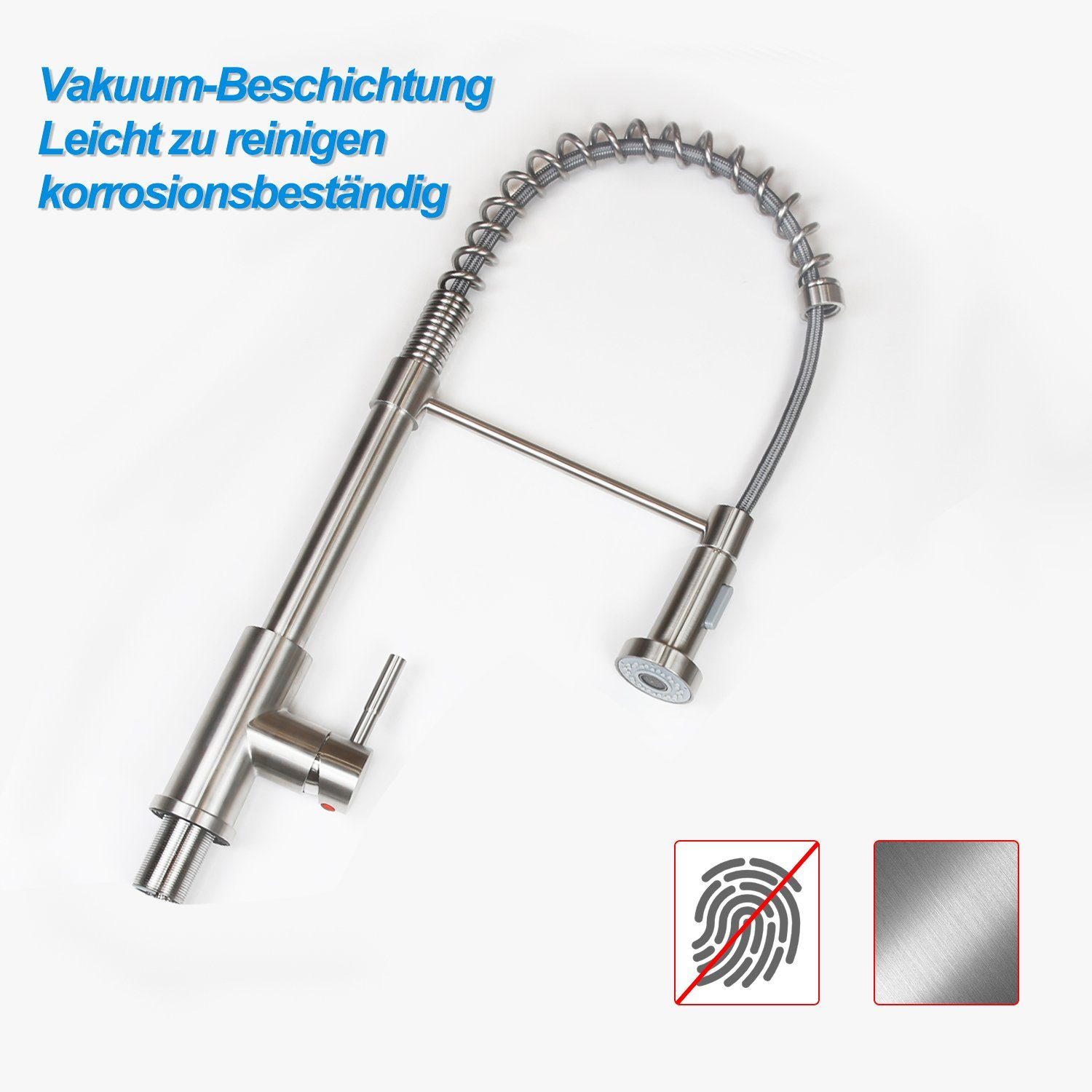 Stalowa bateria kuchenna ze sprężynowym wężem. Niemieckie teksty brzmią: Powłoka próżniowa, łatwe czyszczenie, odporność na korozję.
