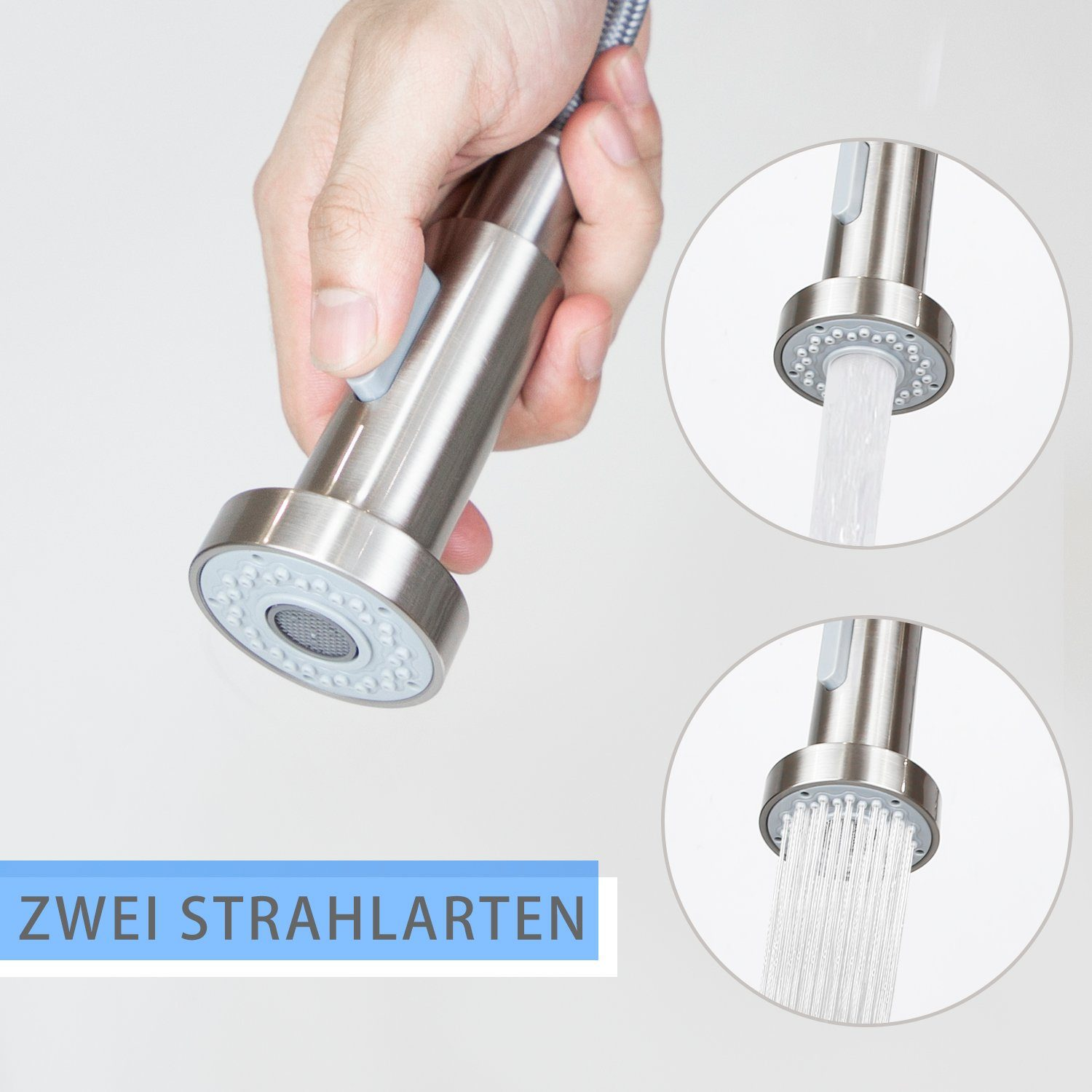 Ręka trzymająca srebrną głowicę kranu. Dwa widoki przepływu wody: strumień i rozpylanie. U dołu tekst 'ZWEI STRAHLARTEN'.