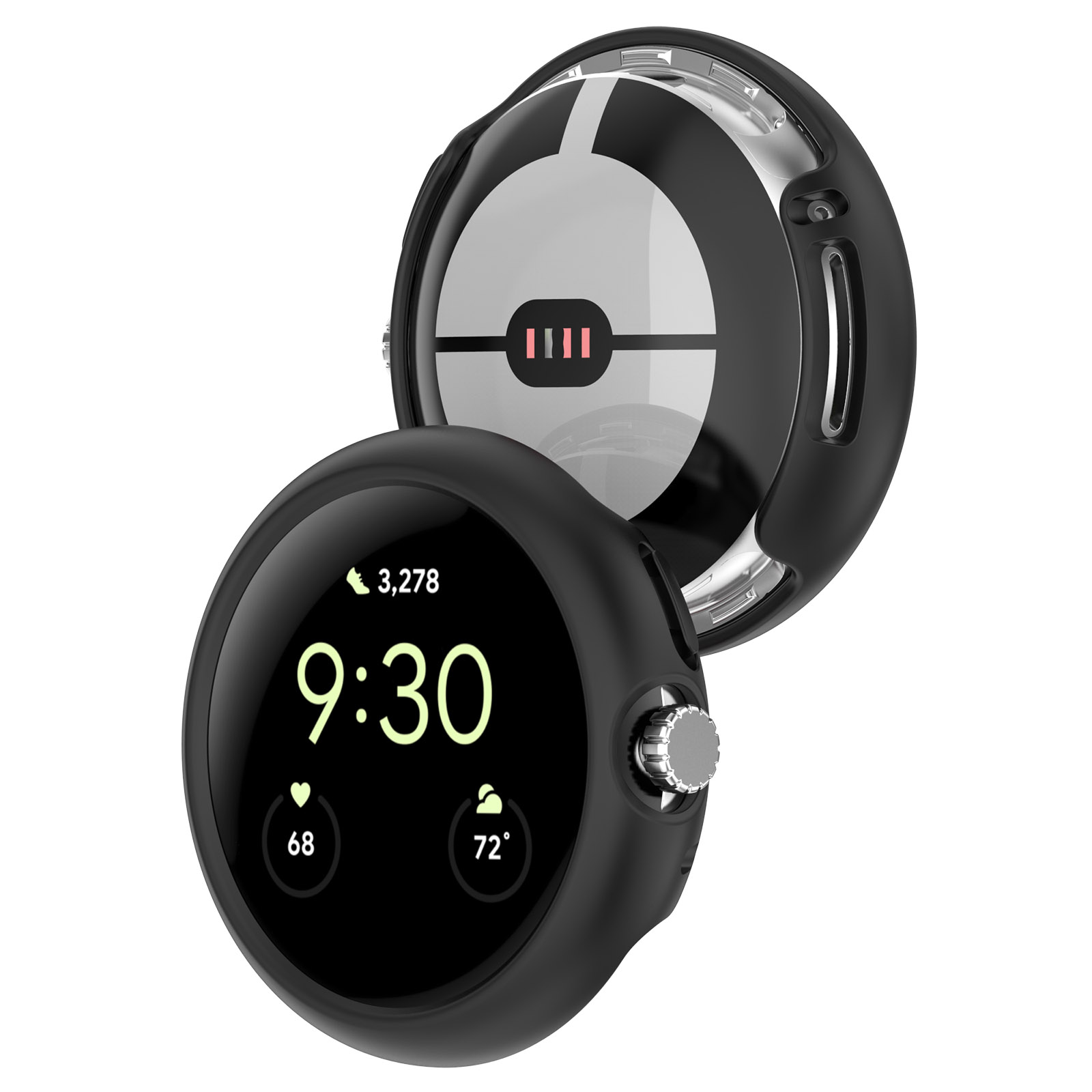 Reloj inteligente negro con tapa abierta, mostrando las 9:30, frecuencia cardíaca y temperatura. Corona plateada e indicador de batería rojo.