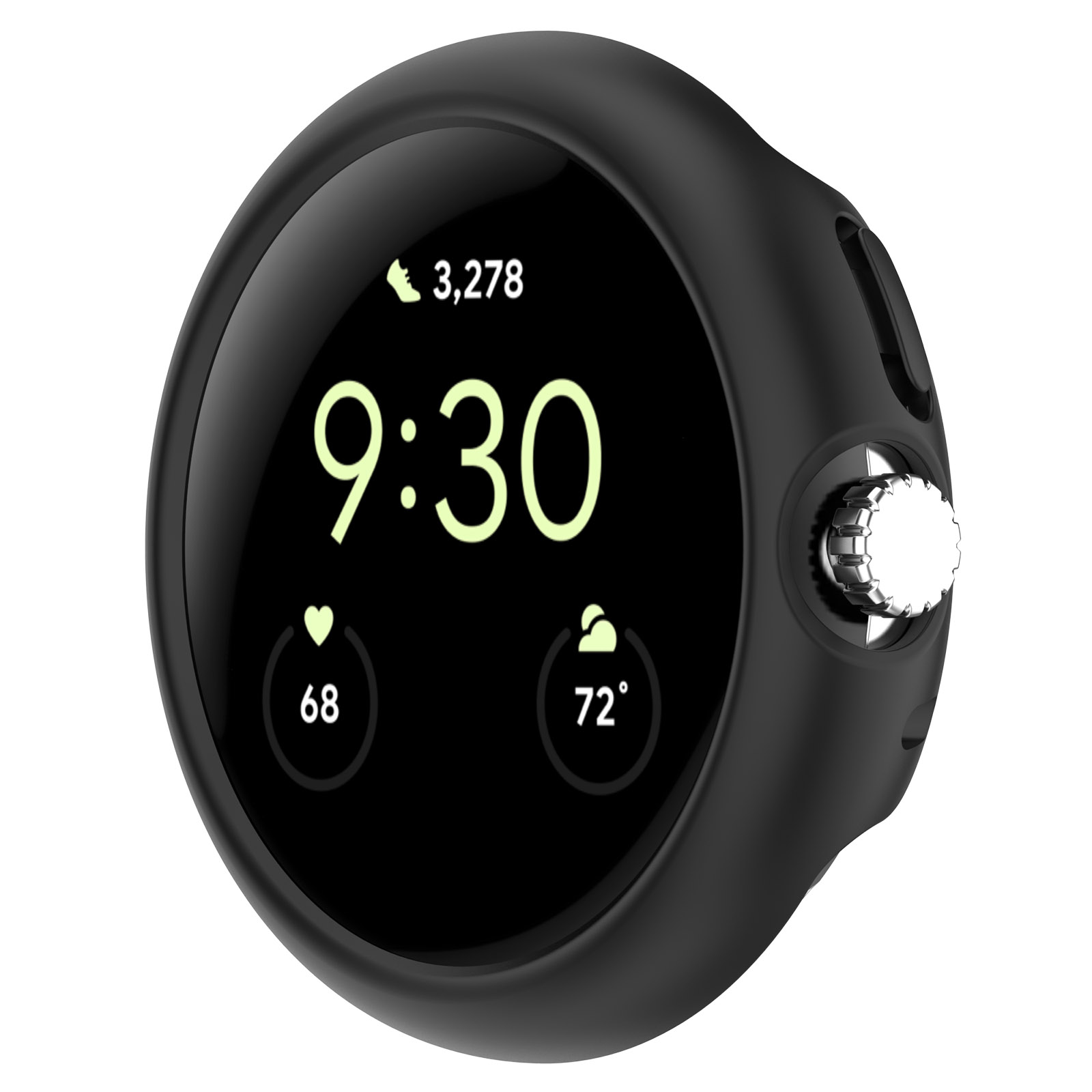 Reloj inteligente negro que muestra 9:30, pasos 3.278, frecuencia cardíaca 68 y temperatura 72 grados. Botón lateral.