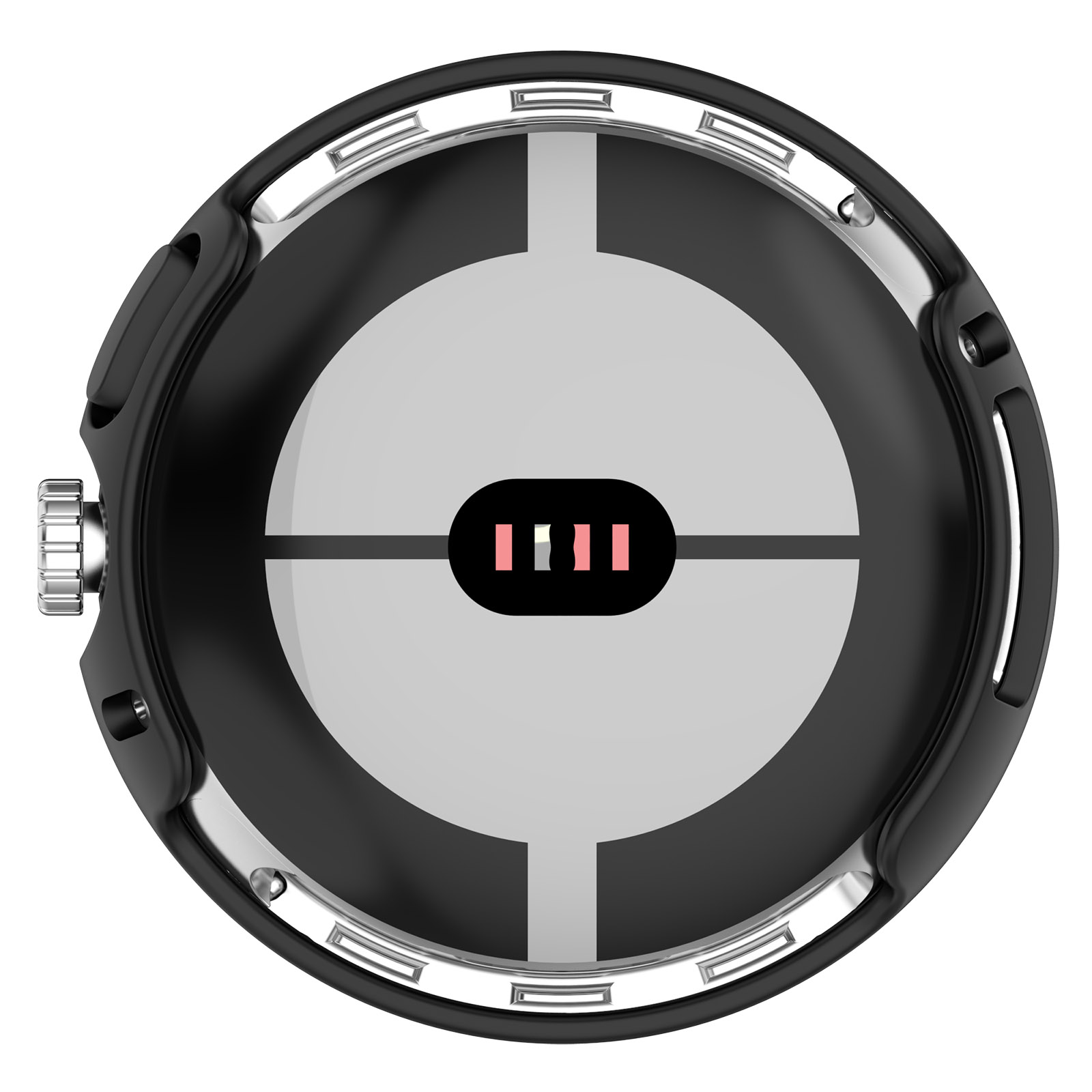 Parte trasera de un reloj inteligente negro y plateado. Tiene un centro gris con un óvalo negro. Hay luces de sensor rosas y blancas.
