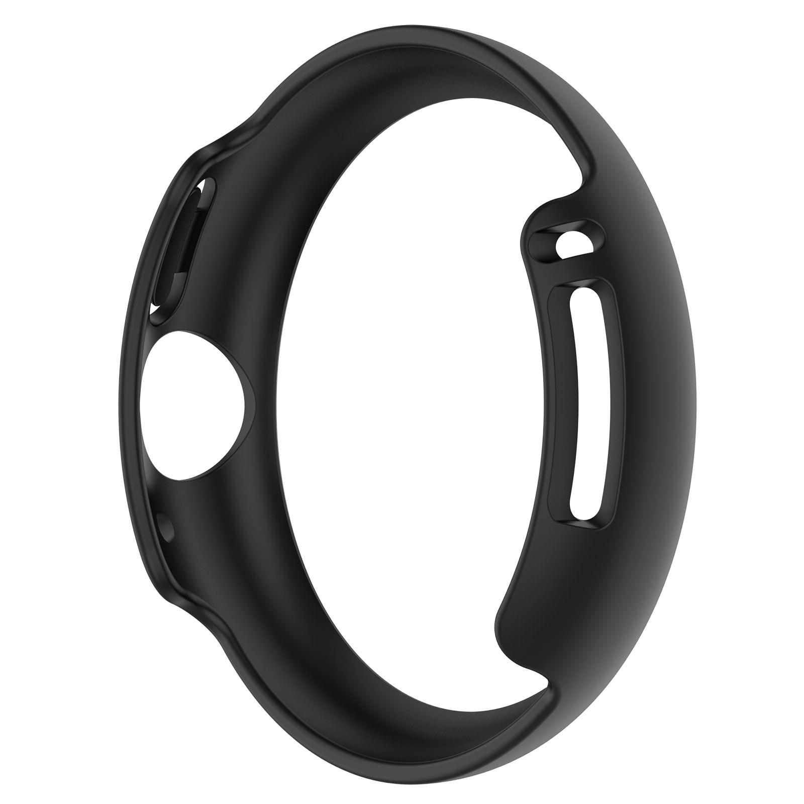 Una funda negra para reloj con aberturas para la pantalla y los botones, sobre fondo blanco.