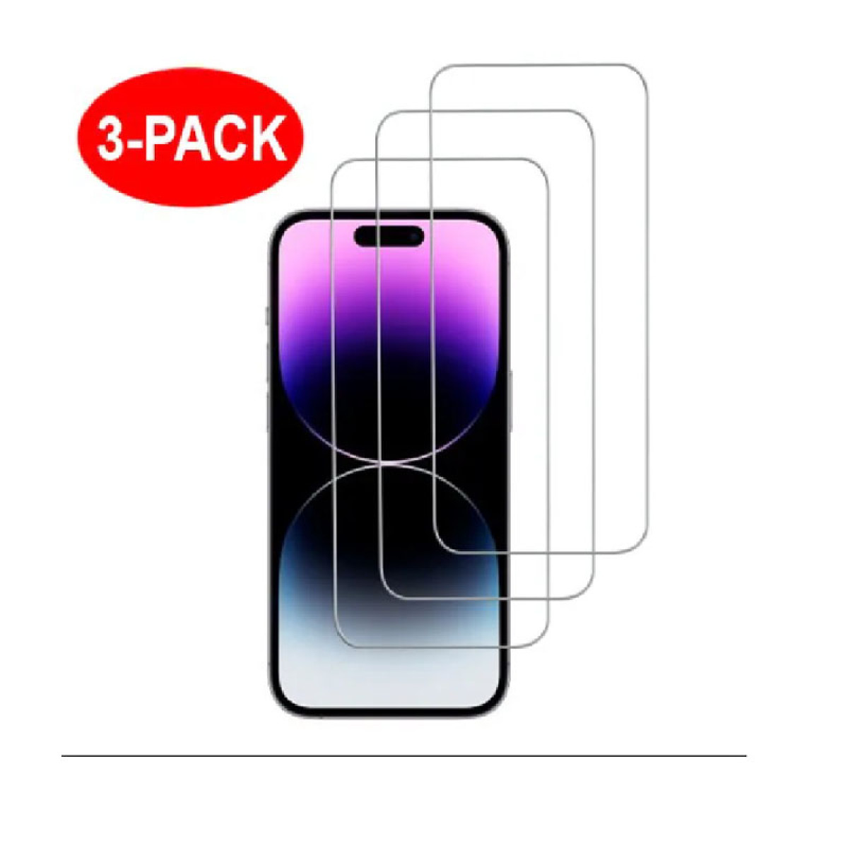 iPhone mit Displayschutzfolien. 3er-Pack-Aufkleber in der oberen linken Ecke. Der Bildschirm zeigt einen lila Farbverlauf.