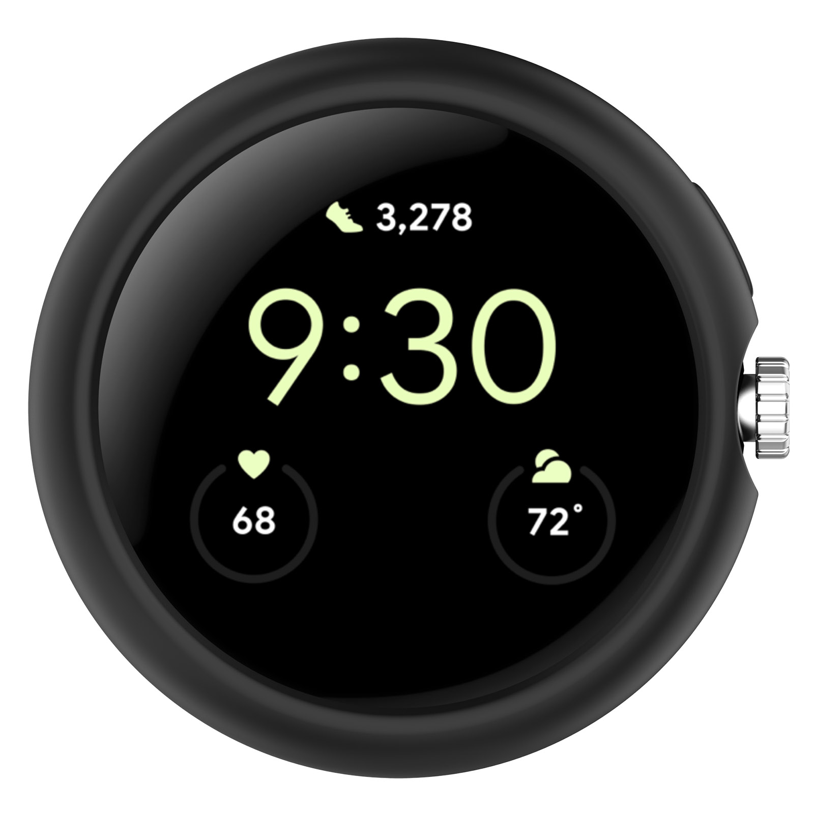 Un reloj inteligente negro muestra la hora 9:30, 3.278 pasos, frecuencia cardíaca 68 y 72 grados. Tiene un botón plateado.