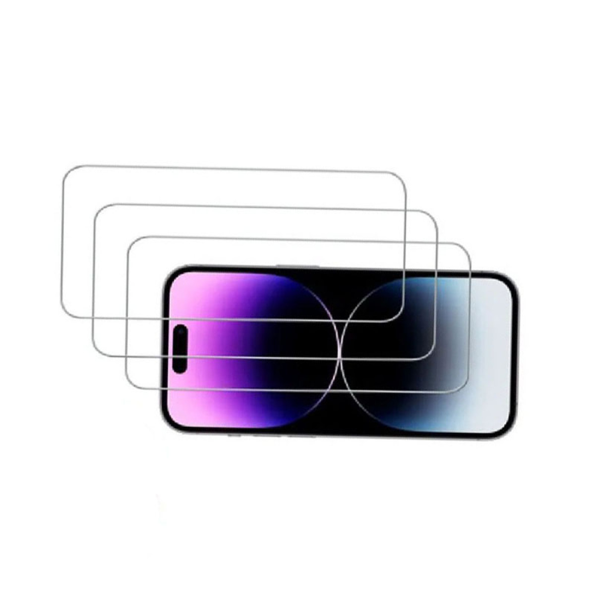 Ein Smartphone mit Displayschutzfolien. Das Telefon ist schwarz mit einem lila Farbverlauf, und mehrere transparente Schutzfolien liegen darüber.