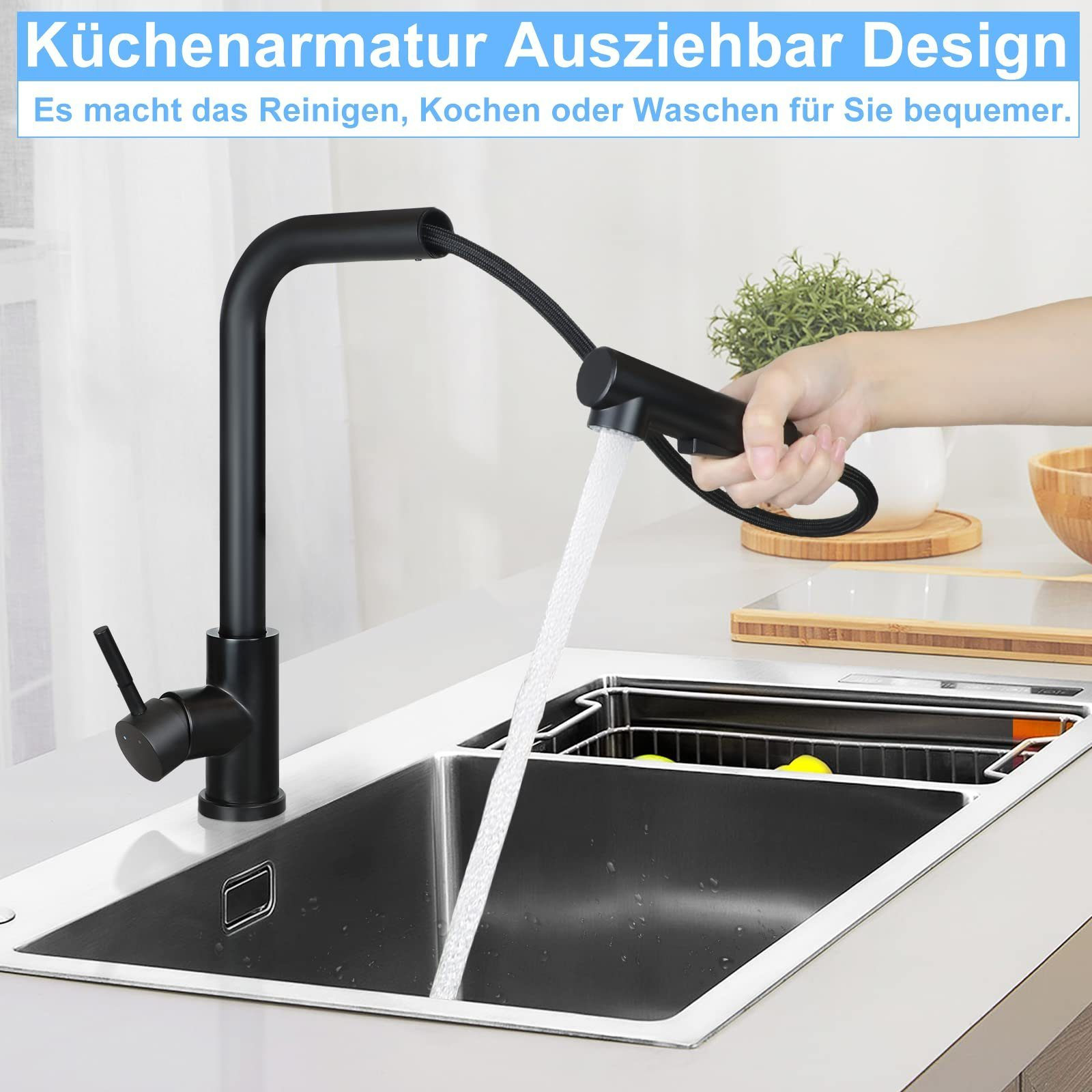 Czarna bateria kuchenna z wodą wpadającą do zlewu. Ręka trzyma głowicę baterii. Tło przedstawia kuchnię.