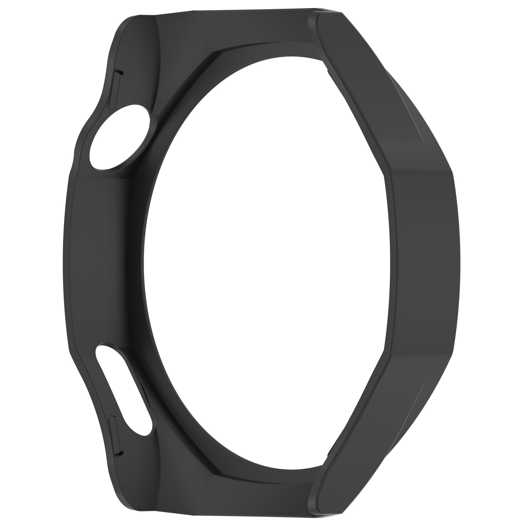 Una cassa di orologio nera con due fori per i pulsanti e una grande apertura per il quadrante. È su sfondo bianco.