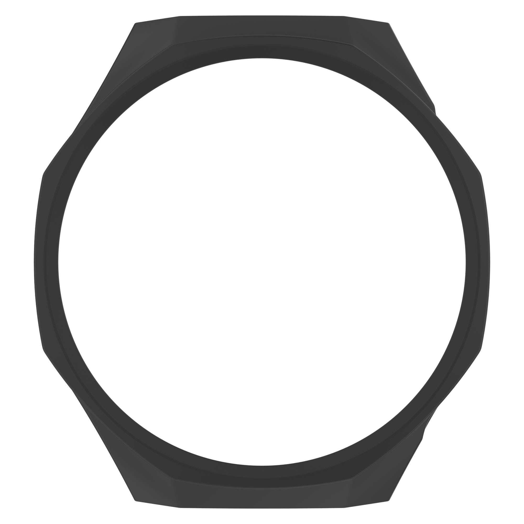 Un oggetto nero, di forma ottagonale, con un centro circolare bianco. L'oggetto è fatto di un materiale opaco.