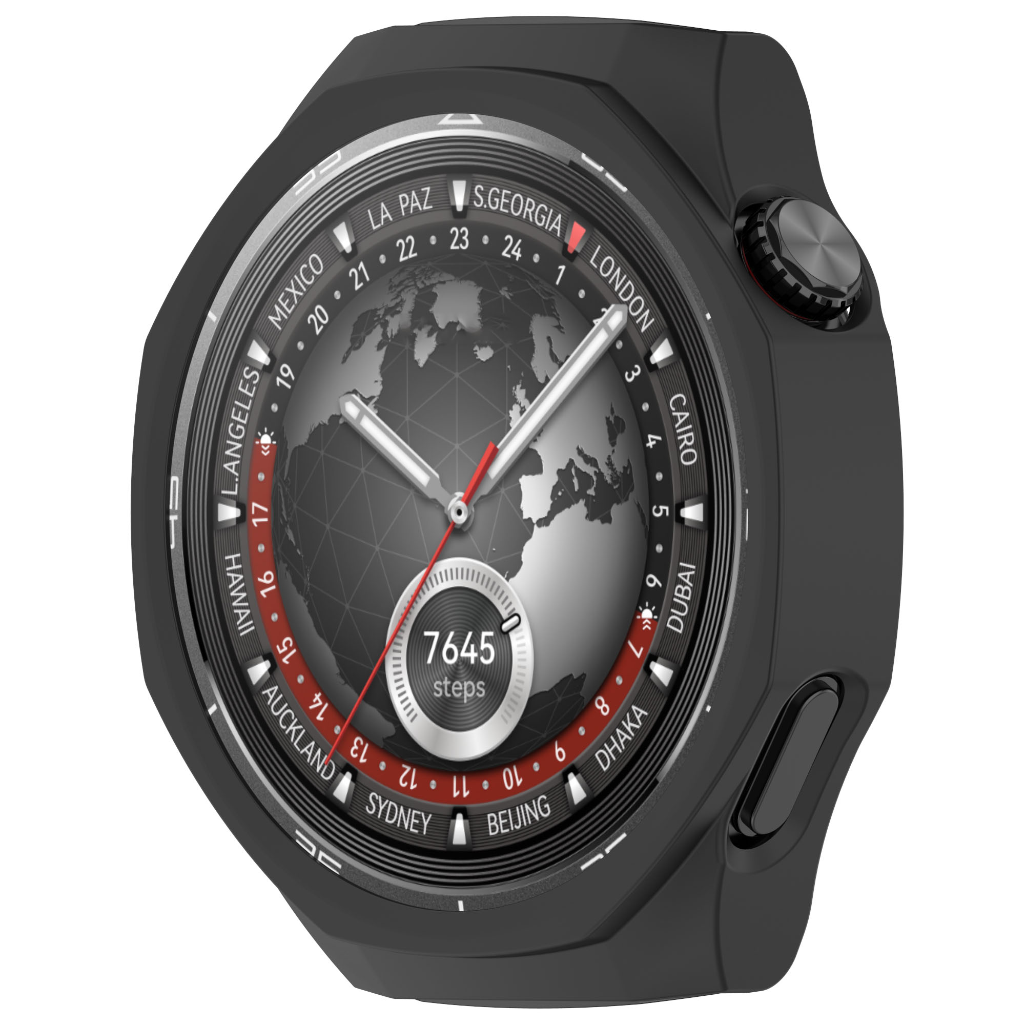 Uno smartwatch nero con un display a mappa del mondo che mostra i fusi orari. Ha le lancette e un contapassi che indica 7645 passi.
