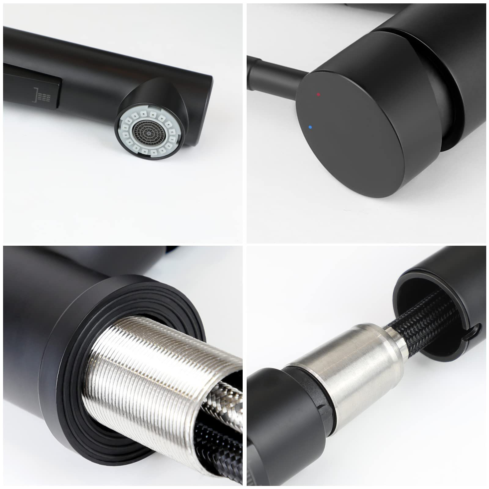 Zbliżenie czarnej baterii. Szczegóły obejmują wylewkę, uchwyt z ikoną koszyka i połączenie węża wodnego.