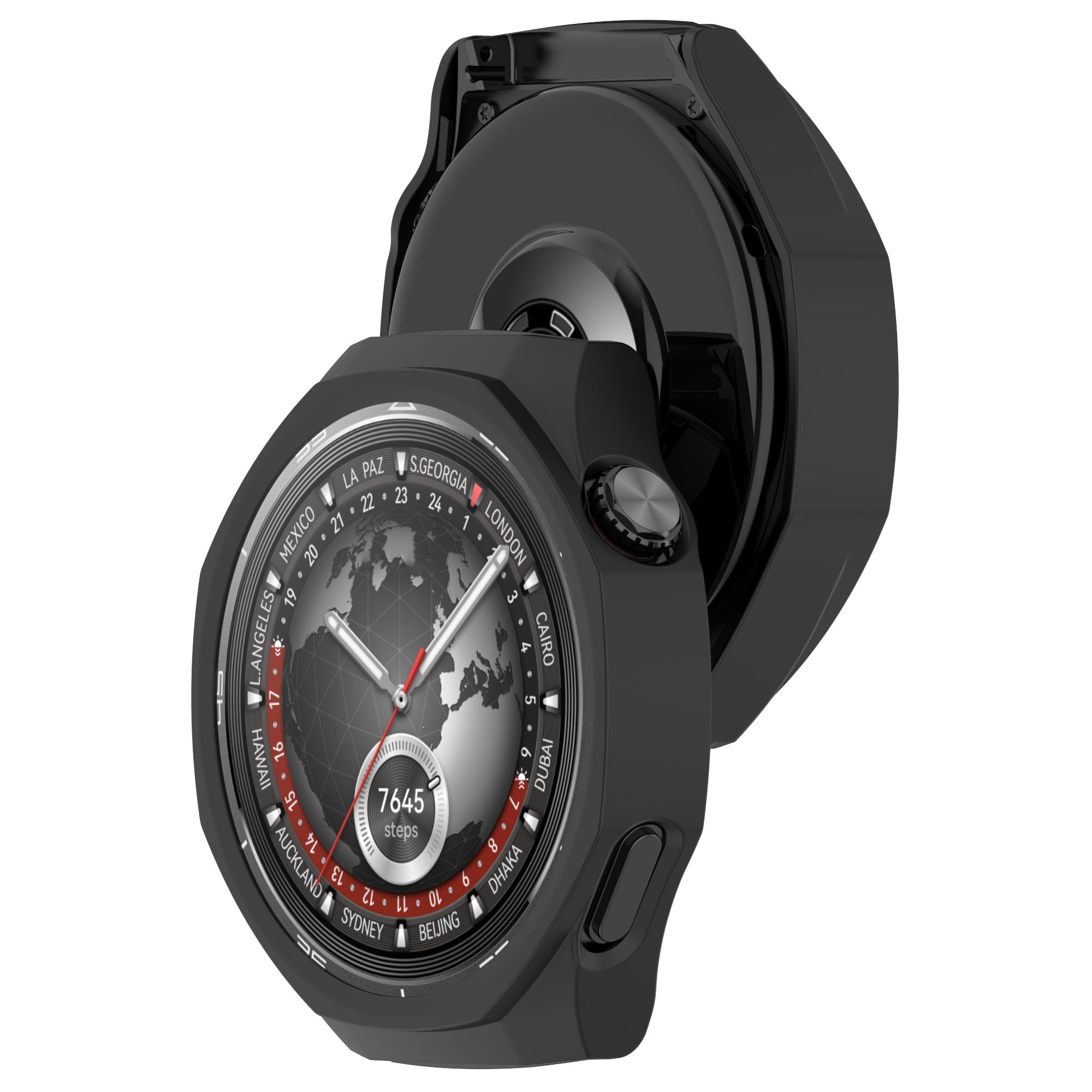Uno smartwatch nero con display dell'ora mondiale, mostra varie città e un contapassi. È sul suo caricabatterie.