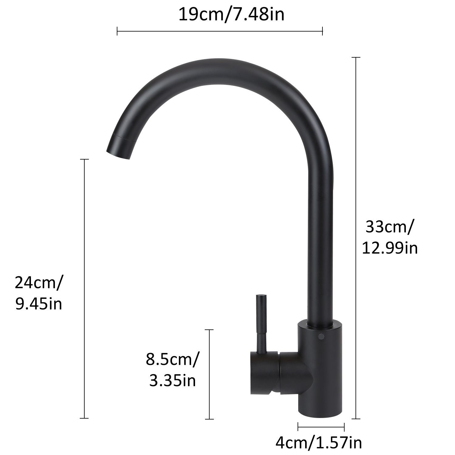 Czarna bateria kuchenna z wymiarami w cm i calach. Bateria posiada zakrzywioną wylewkę i pojedynczy uchwyt dźwigniowy.