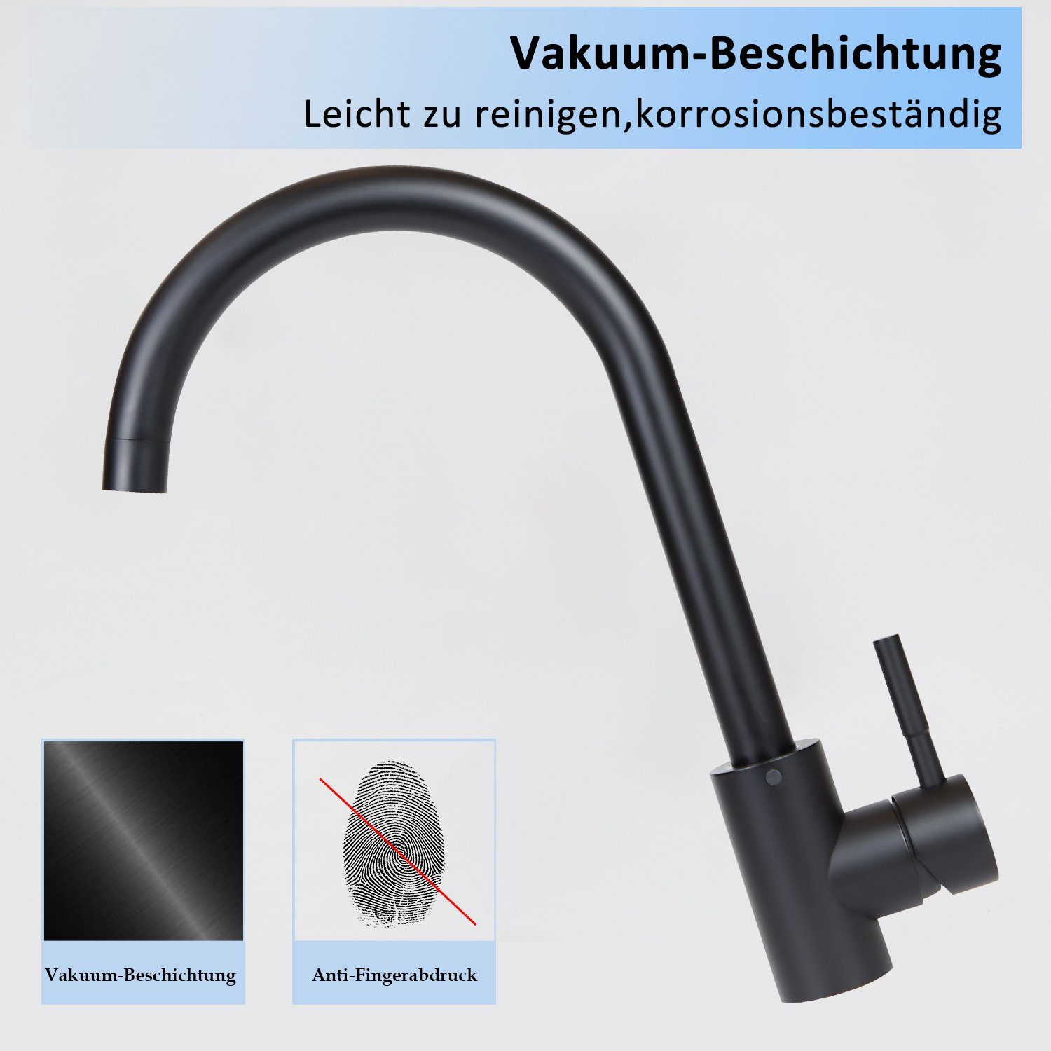 Czarna bateria z zakrzywioną wylewką. Widoczne napisy w języku niemieckim, w tym 'powłoka próżniowa'. Poniżej tekstury i odcisk palca.