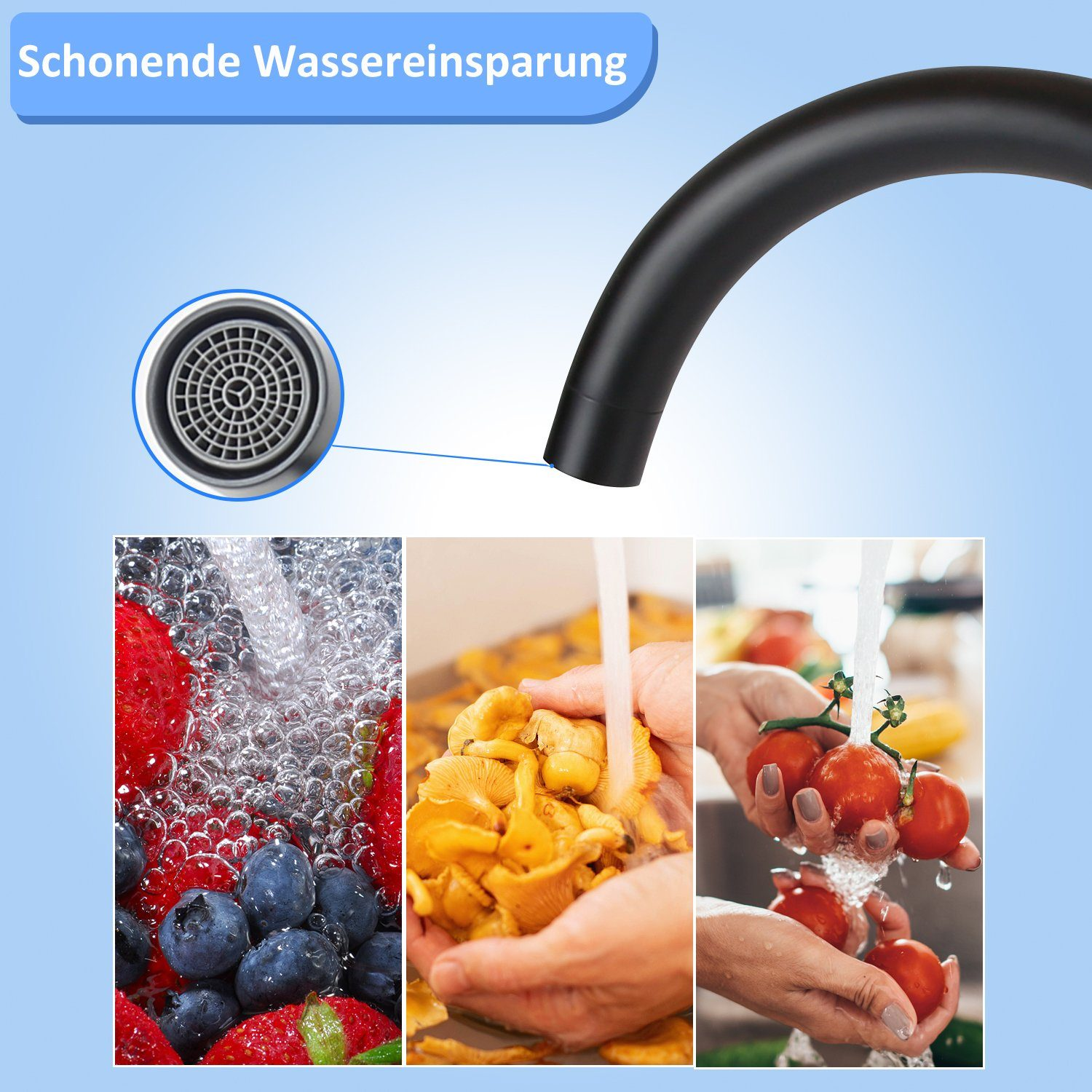 Czarny kran z wodą płynącą po jagodach, grzybach i pomidorach, promujący oszczędzanie wody.