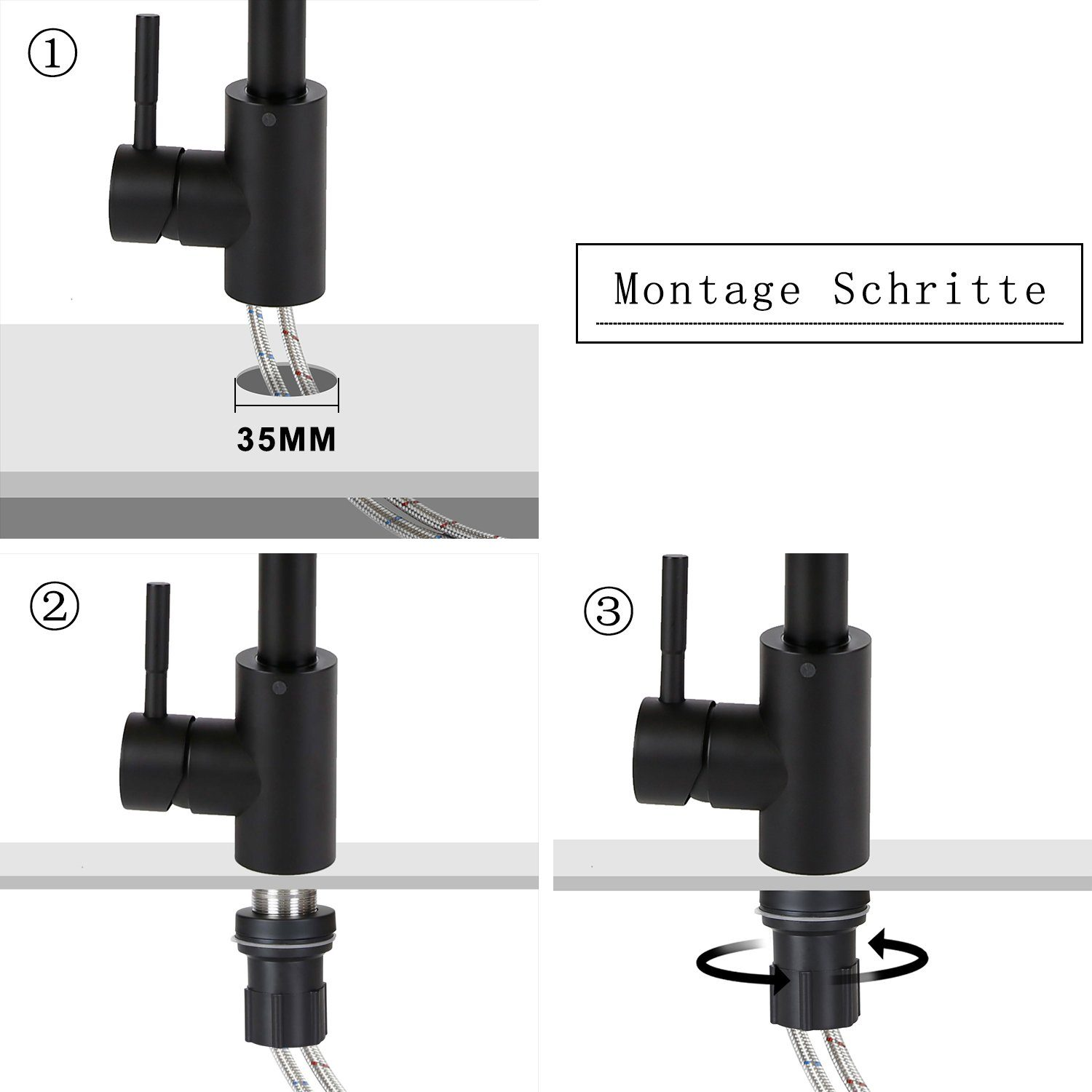 Instrukcja instalacji. Czarne części kranu z oznaczonymi krokami. Tekst: Montage Schritte. Rozmiar: 35 mm. Pokazuje instrukcje montażu.