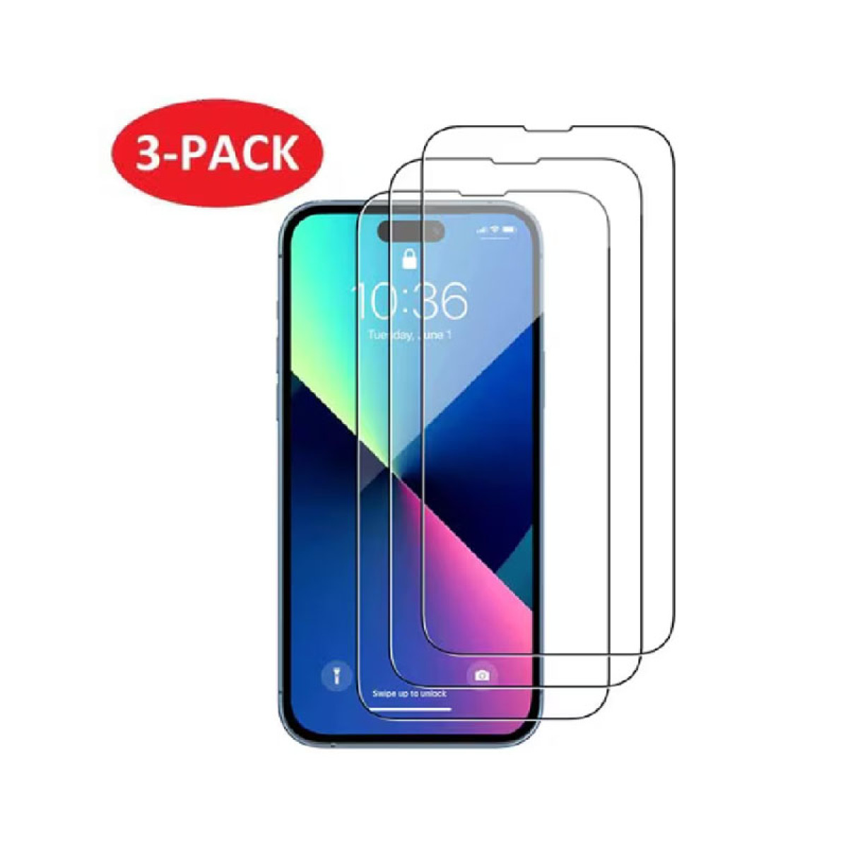 Afbeelding toont een smartphone met schermbeschermers en een rood 3-pack label. De telefoon toont de tijd, datum en een kleurrijke abstracte achtergrond.