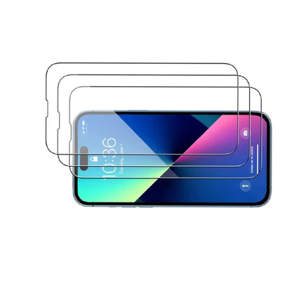 Een iPhone met schermbeschermers. Het scherm toont een kleurrijk abstract behang met de tijd 10:36. Witte achtergrond.