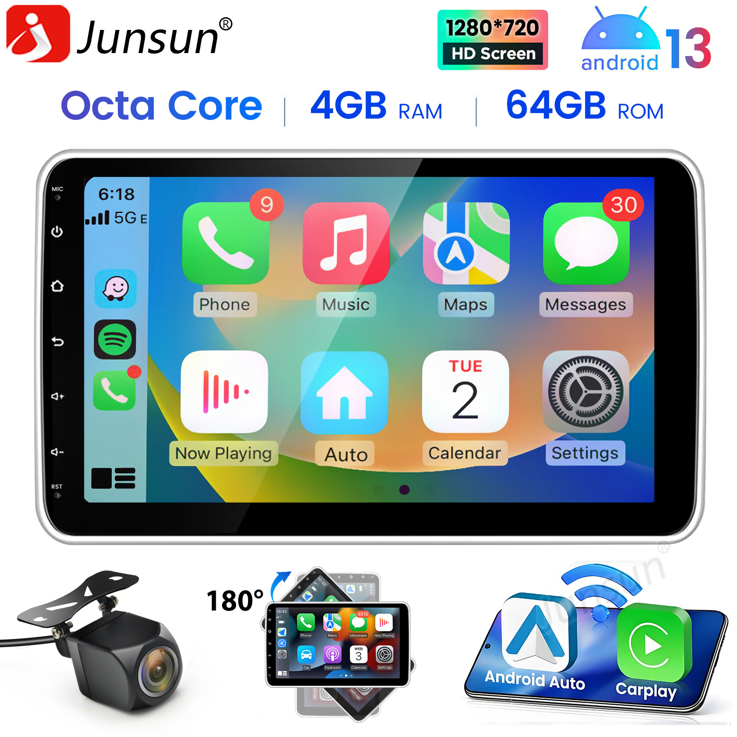 Ekran systemu multimedialnego samochodu wyświetla ikony aplikacji: telefon, muzyka, mapy, wiadomości, kalendarz i ustawienia. Pokazuje również kamerę samochodową.