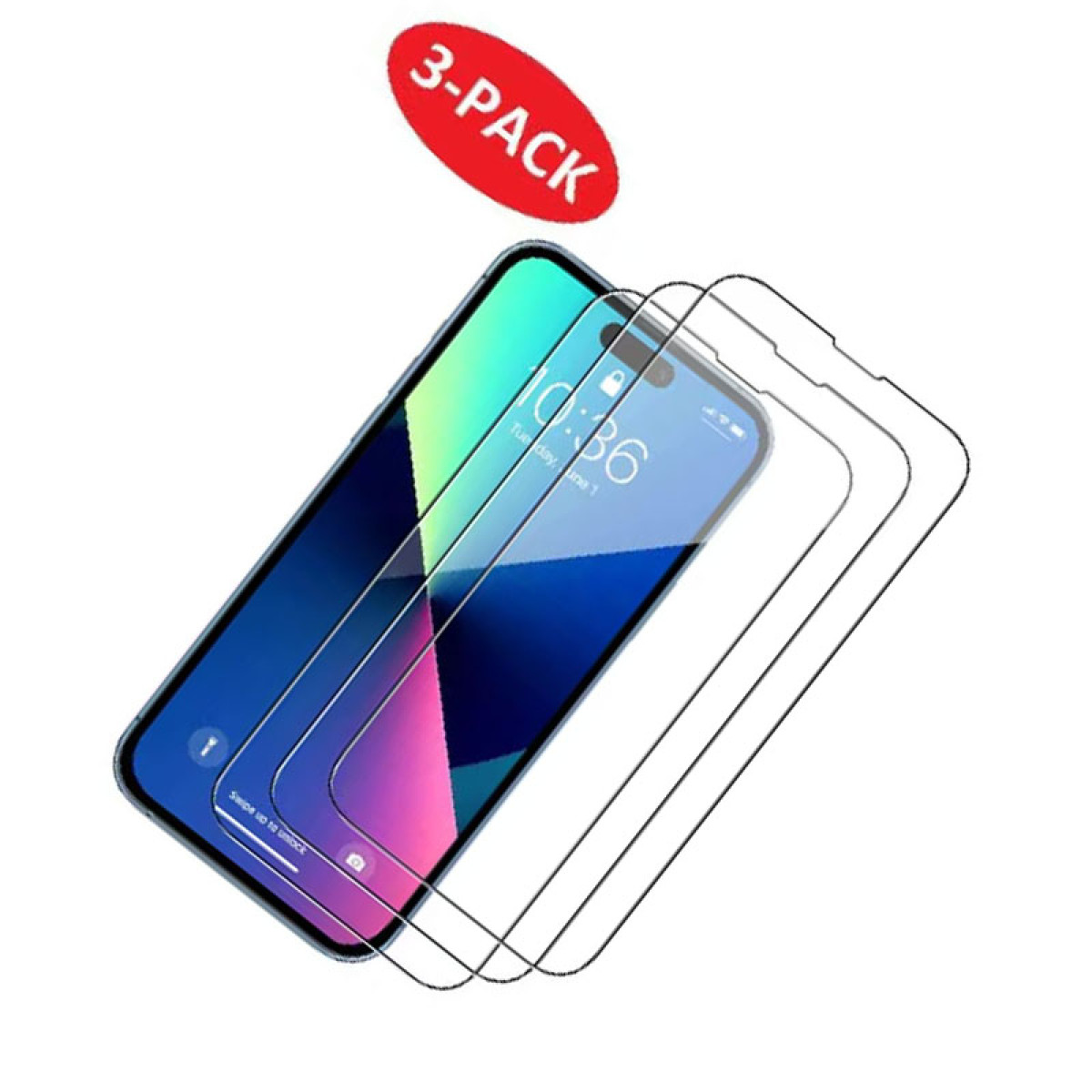 Een smartphone met schermbeschermers. Een rood ovaal label met '3-PACK'. De telefoon toont een klok en de datum.