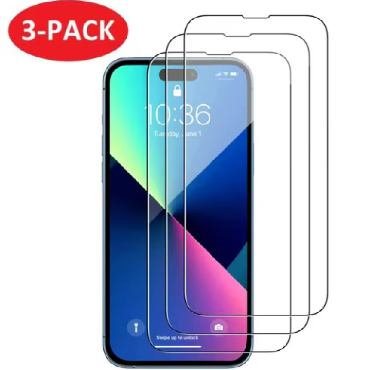 Drie schermbeschermers en een telefoon met een scherm dat 10:36 weergeeft en een rood 3-pack label.