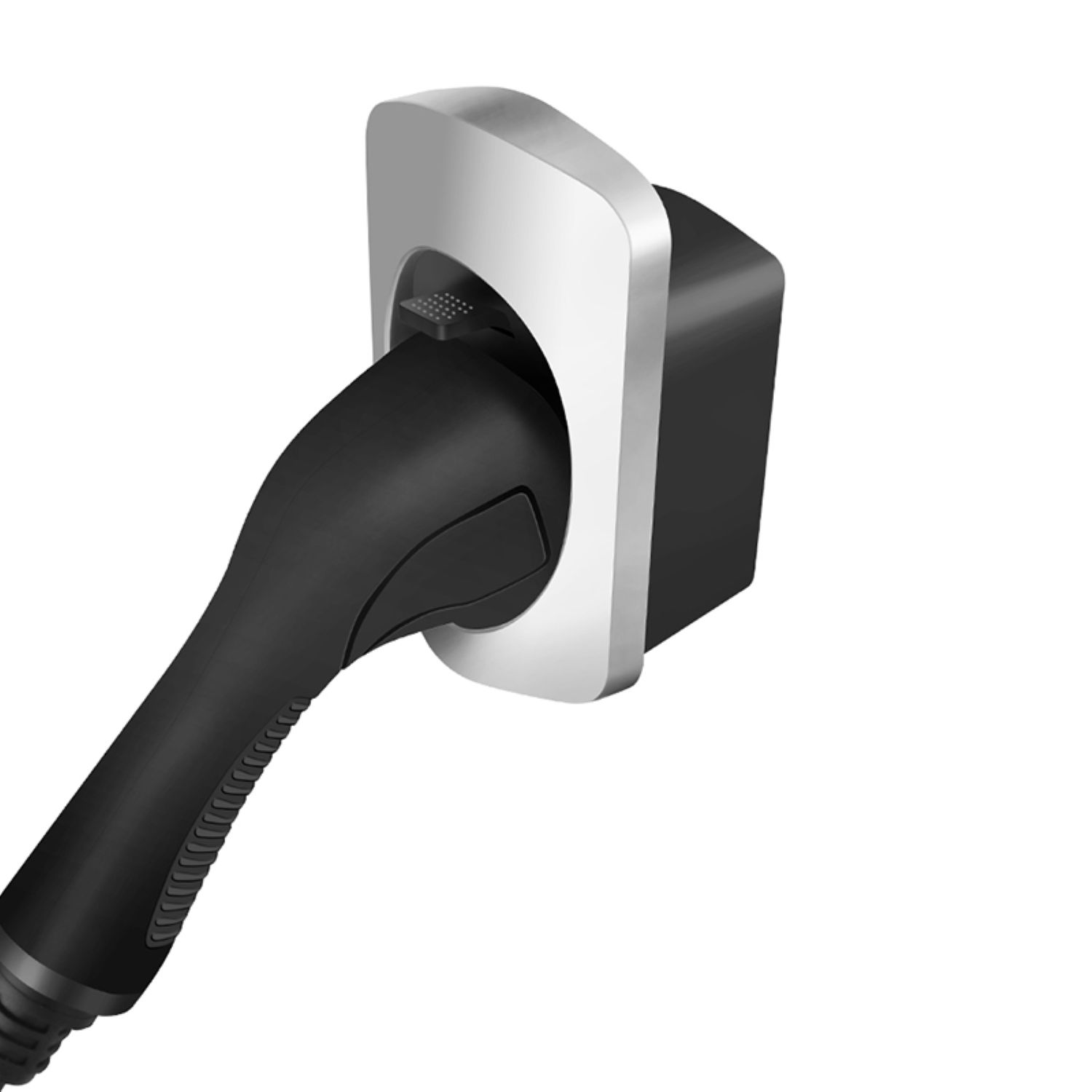 Czarna wtyczka ładowania jest włożona do srebrno-czarnej stacji ładowania na białym tle.