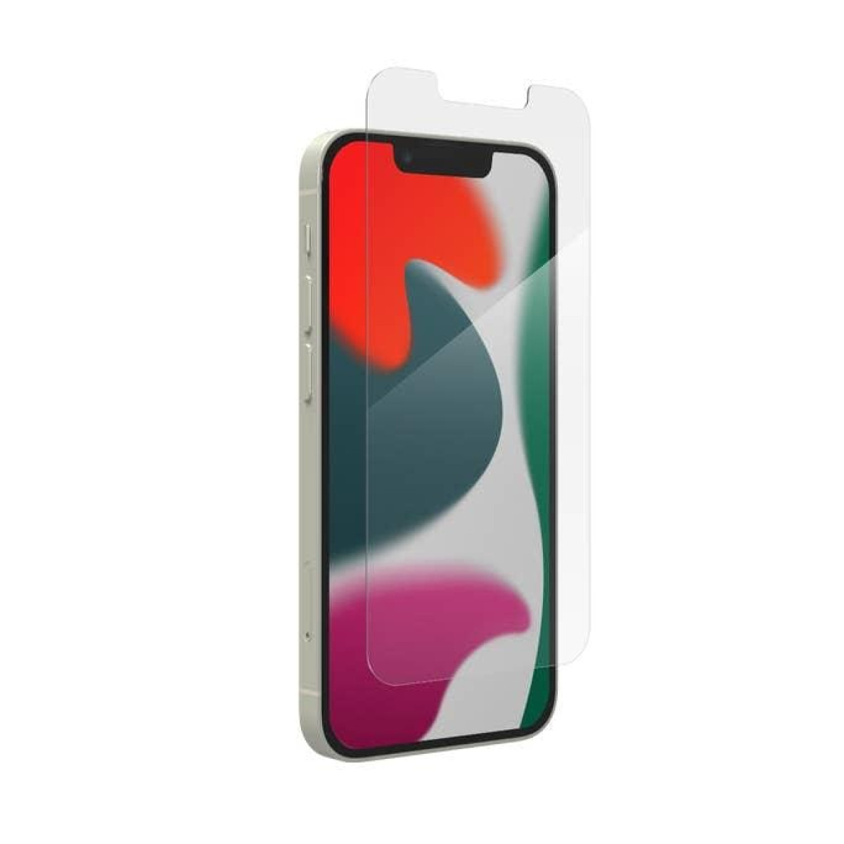 Un iPhone con protezione schermo. Il telefono mostra un'immagine astratta colorata. La protezione è trasparente.