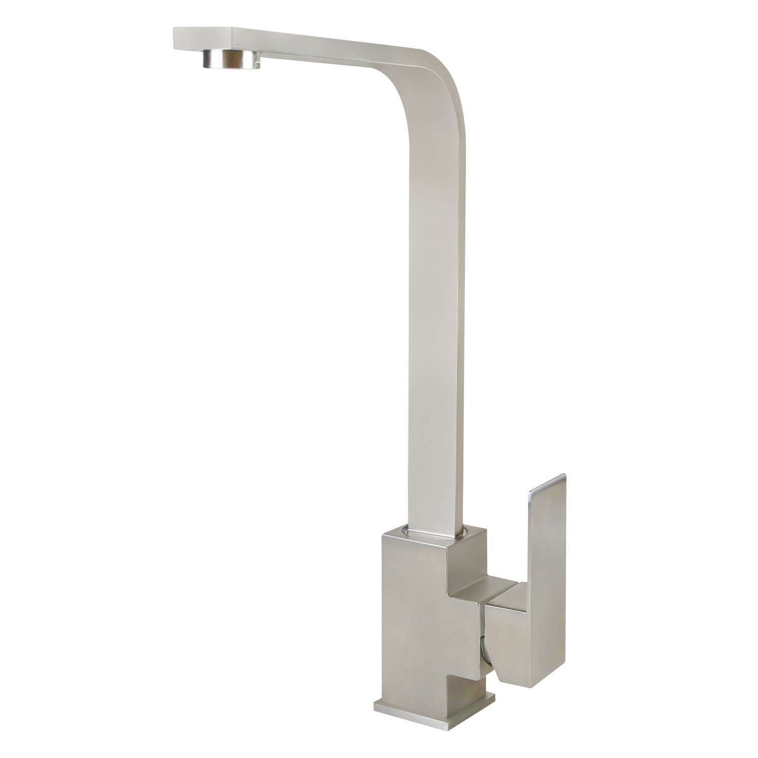 Nowoczesna, srebrna bateria izolowana na białym tle. Ma zakrzywioną wylewkę i kwadratową podstawę z uchwytem dźwigniowym.