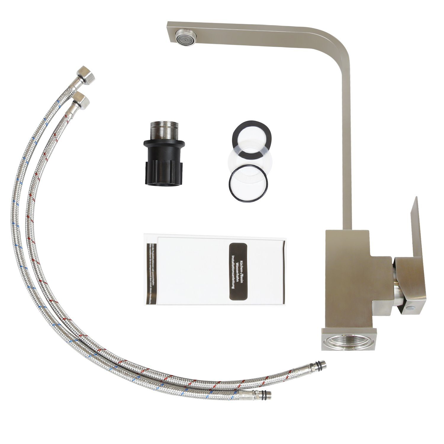 Zdemontowany zestaw baterii kuchennej. Zawiera baterię, węże wodne, element montażowy, O-ringi i instrukcję obsługi, wszystko na białym tle.