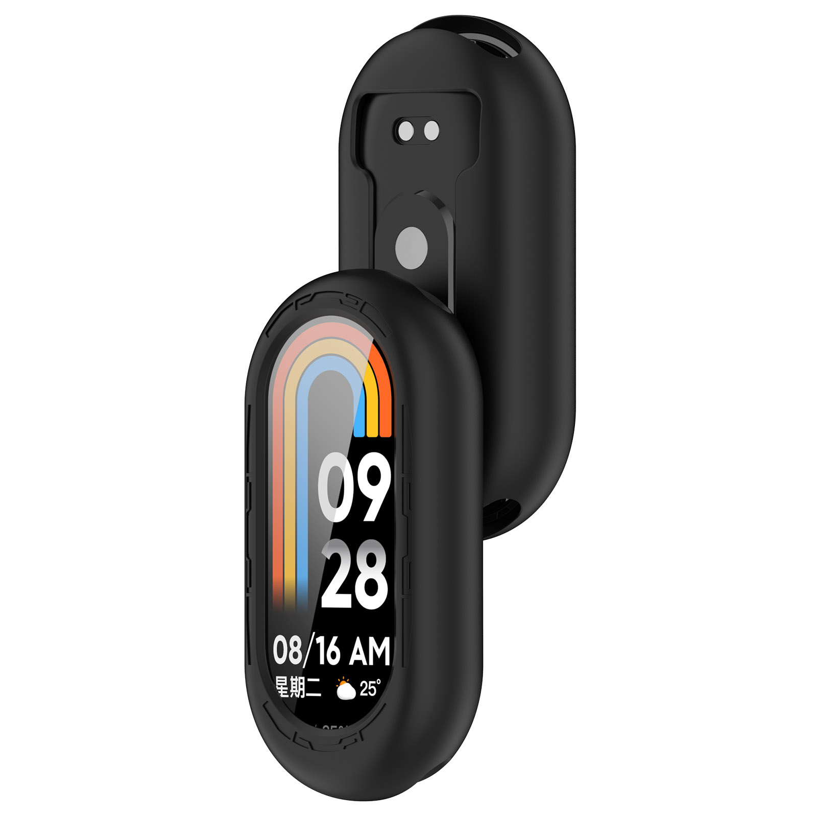 Un rastreador de fitness negro con una pantalla de arcoíris que muestra la fecha y la hora. El rastreador está en una base de carga.