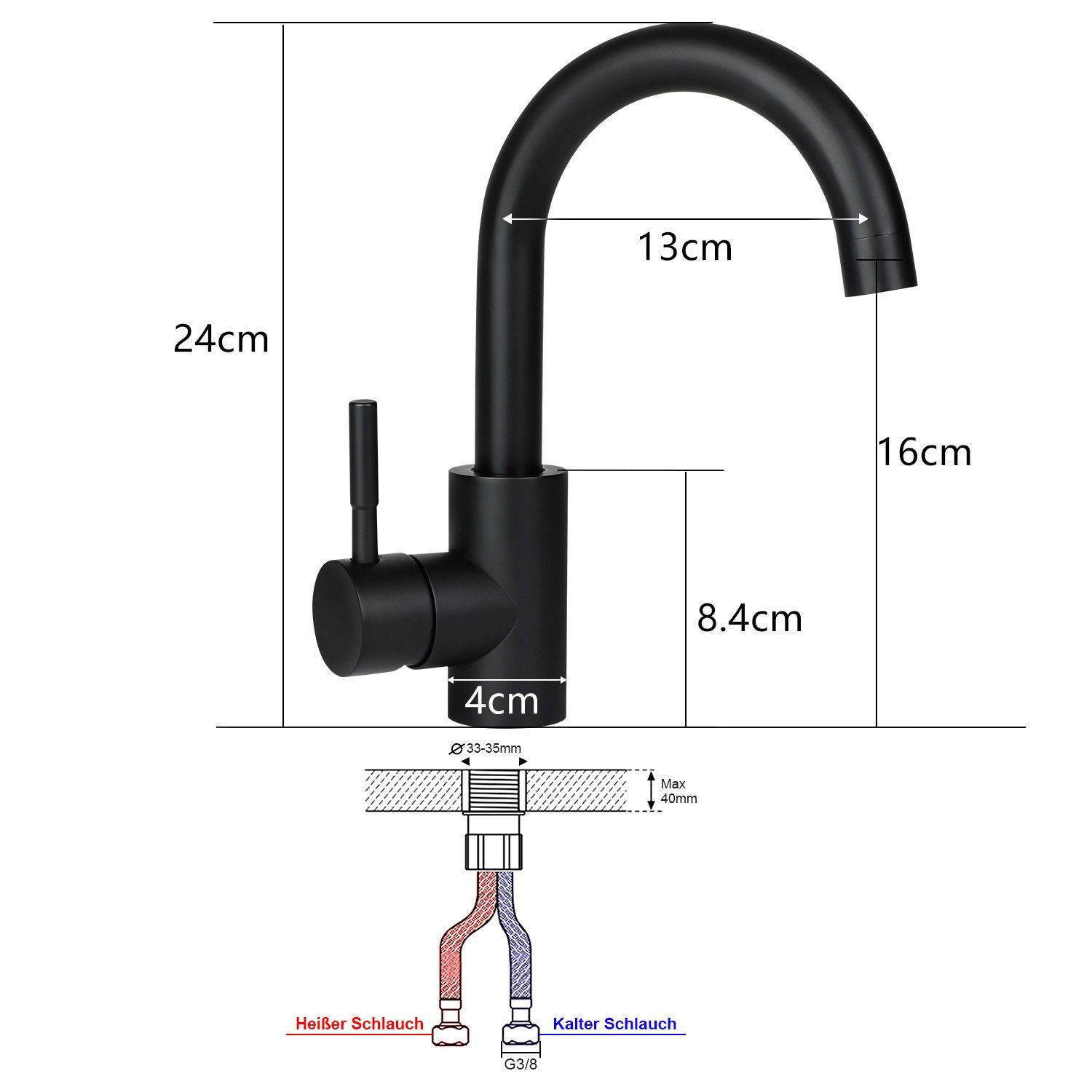 Czarna bateria kuchenna z wymiarami. Ma zakrzywioną wylewkę i dźwignię. Pokazano podłączenia ciepłej i zimnej wody.