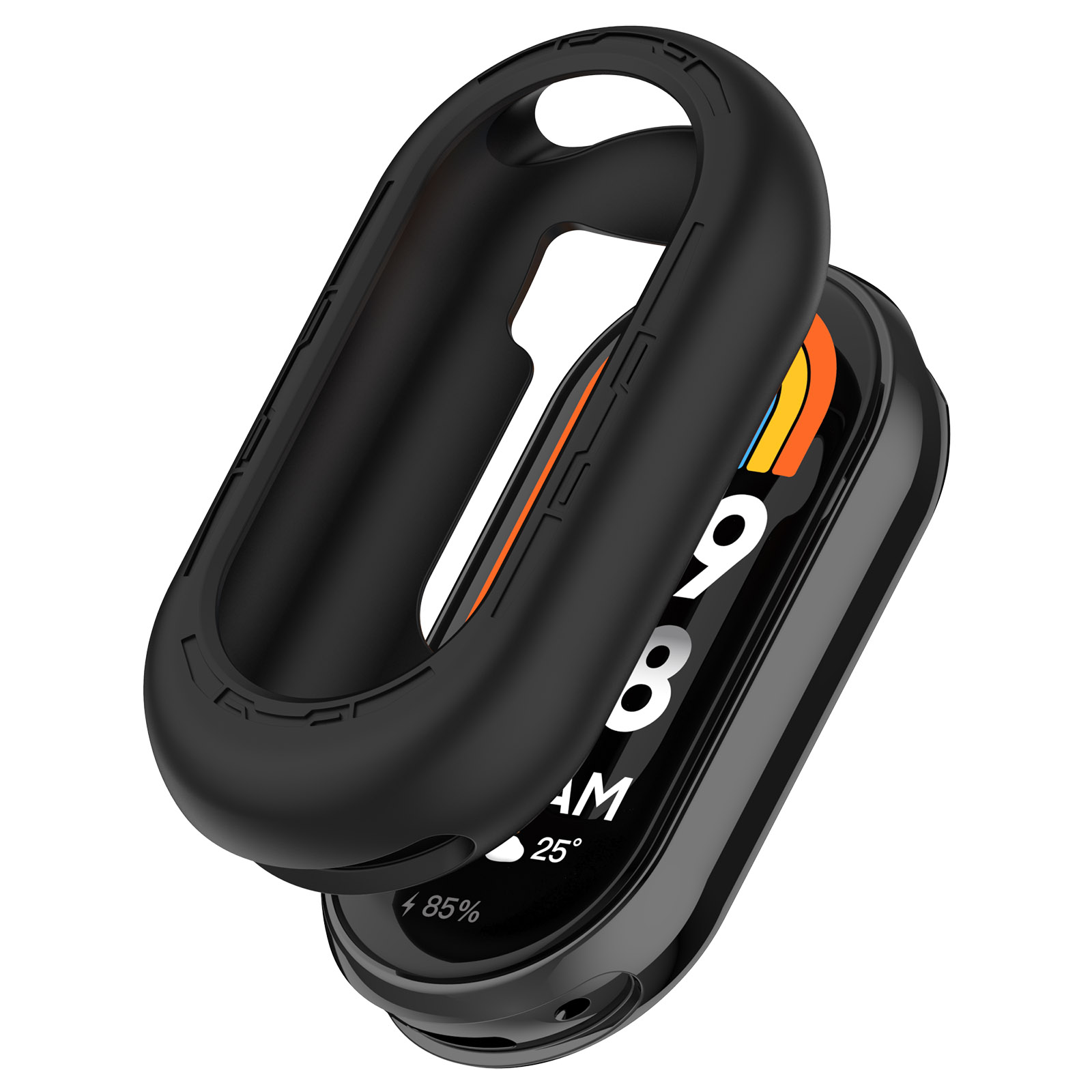 Smartwatch negra con funda protectora parcialmente abierta. La pantalla muestra la hora y el porcentaje de batería. El fondo es blanco.