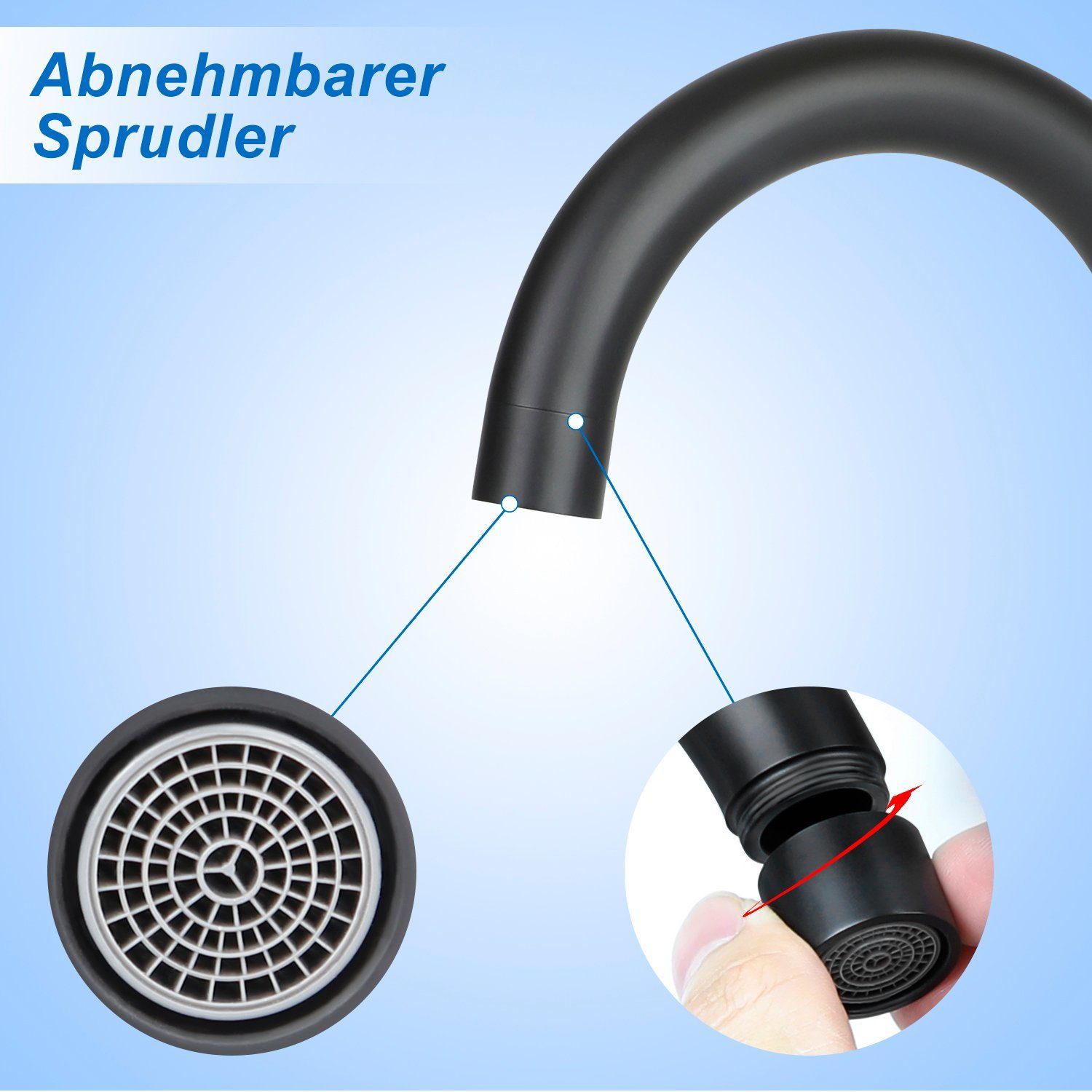 Obrazek przedstawia kran z odkręcanym aeratorem. Dwa zbliżenia pokazują części i sposób jego demontażu. Tekst: 'Wyjmowany aerator'.