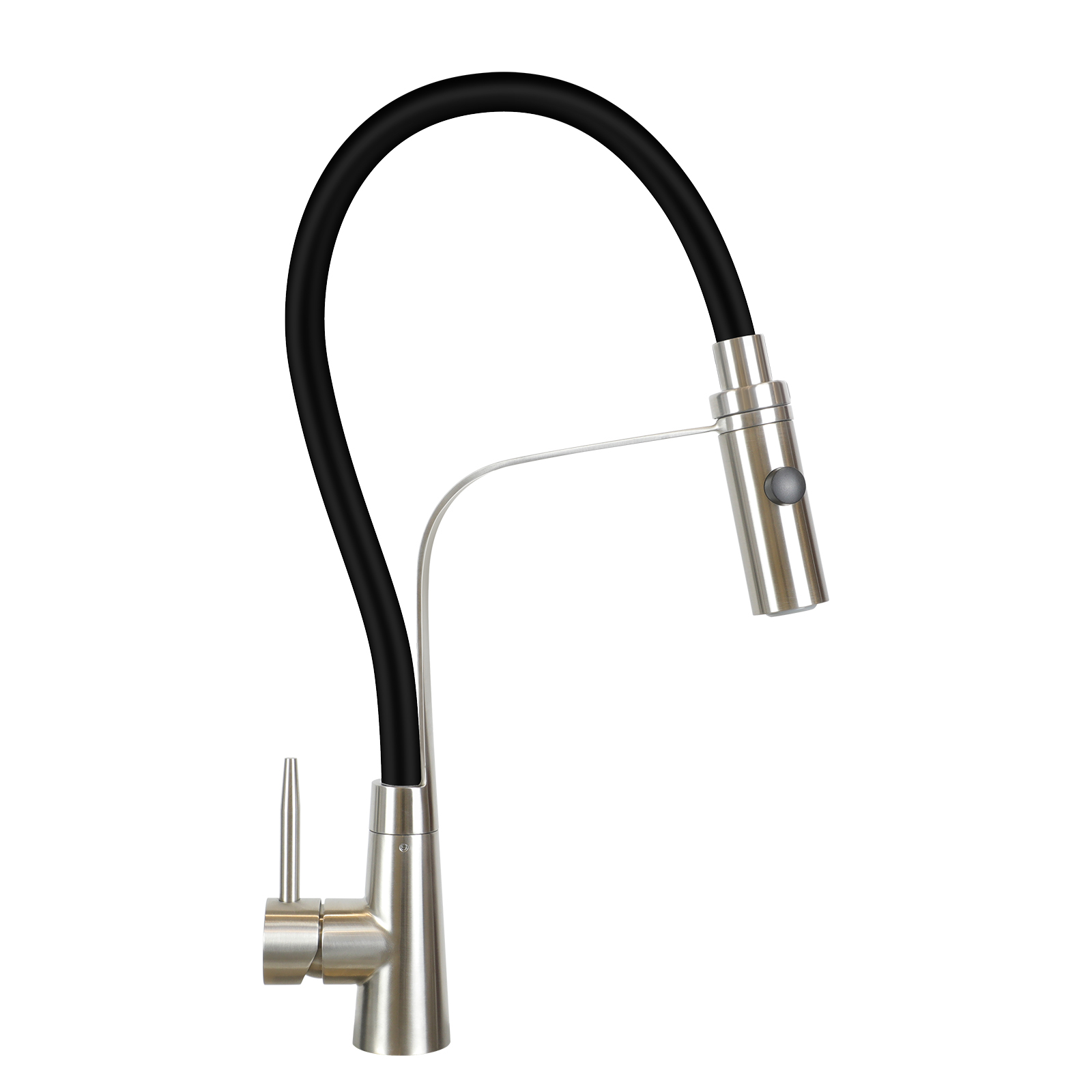 Bateria kuchenna ze stali nierdzewnej z czarnym elastycznym wężem i chromowaną rączką. Tło jest białe.