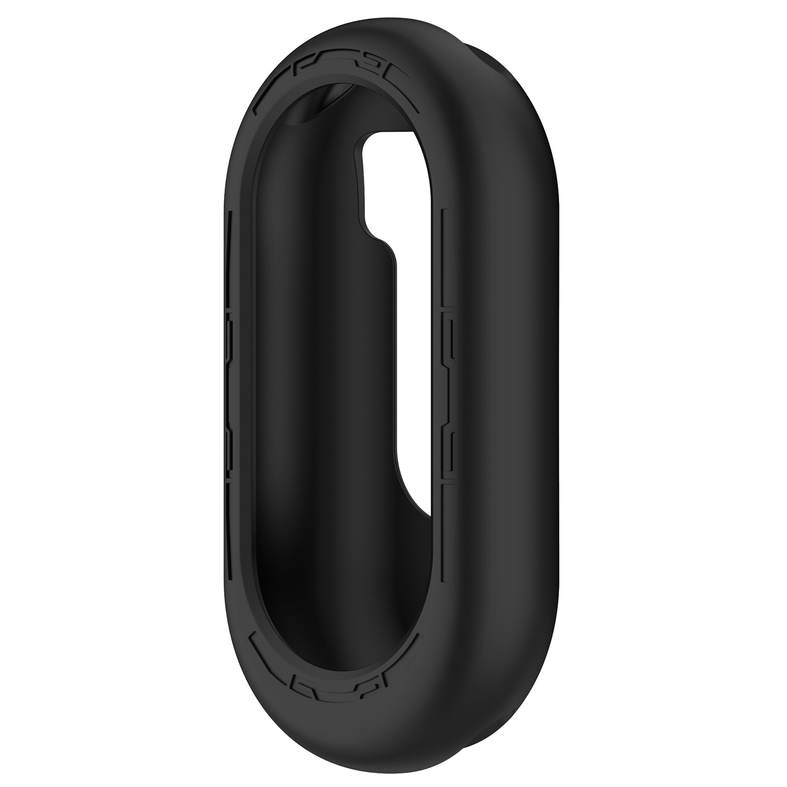 Una funda de teléfono negra, de forma ovalada. Tiene un recorte y detalles de diseño. El fondo es blanco.
