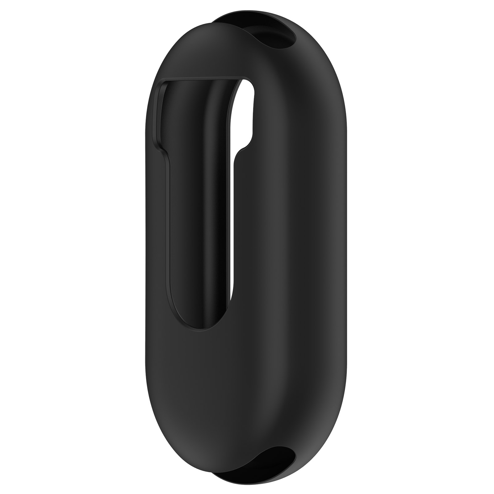 Una funda negra, ovalada, con un hueco para un dispositivo. Tiene curvas suaves y un acabado brillante, sobre un fondo blanco.