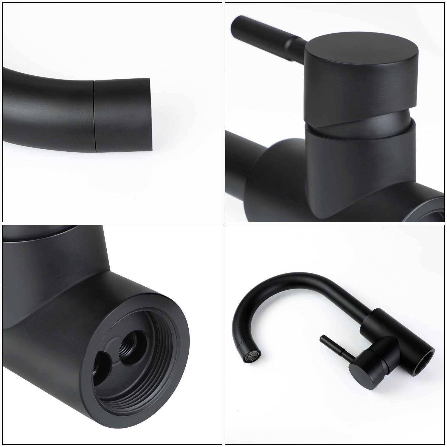 Czarna bateria kuchenna z zakrzywioną wylewką, uchwytem i podstawą. Bateria jest ustawiona na białym tle. Szczegóły są widoczne.