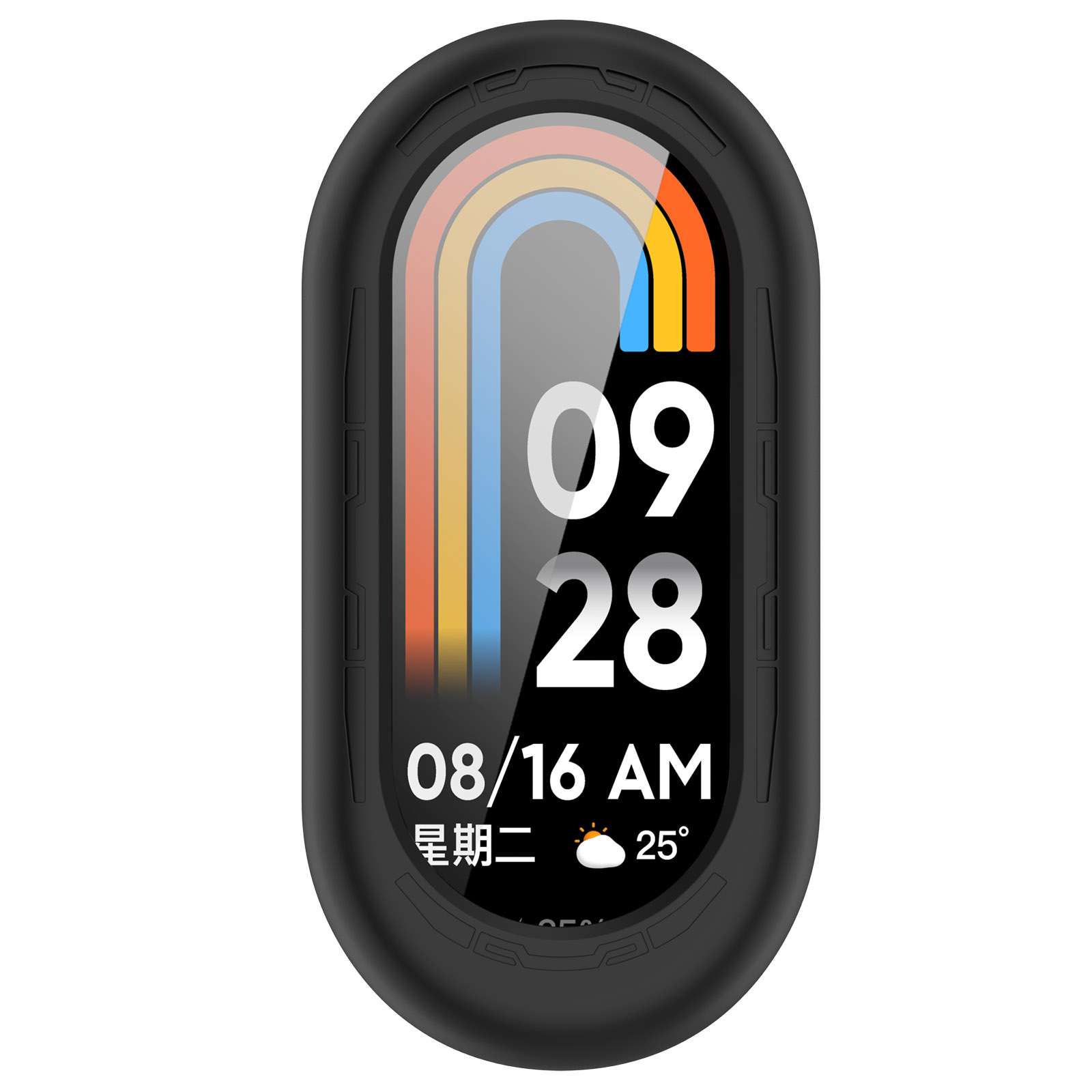 Reloj inteligente negro muestra fecha, hora y clima. Tiene un arco colorido en la parte superior.